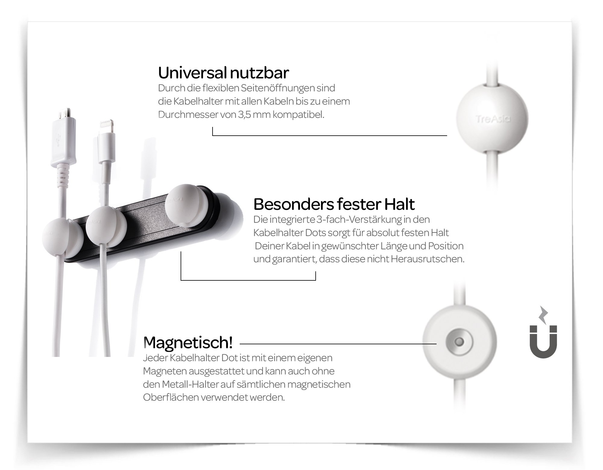 Lead Trend Magnetic Cable Holder Plus - Strong Adhesive Cord Organizer for Desk, Home & Office - White - Perfect for iPhone, Android, MacBook Chargers & Headphones