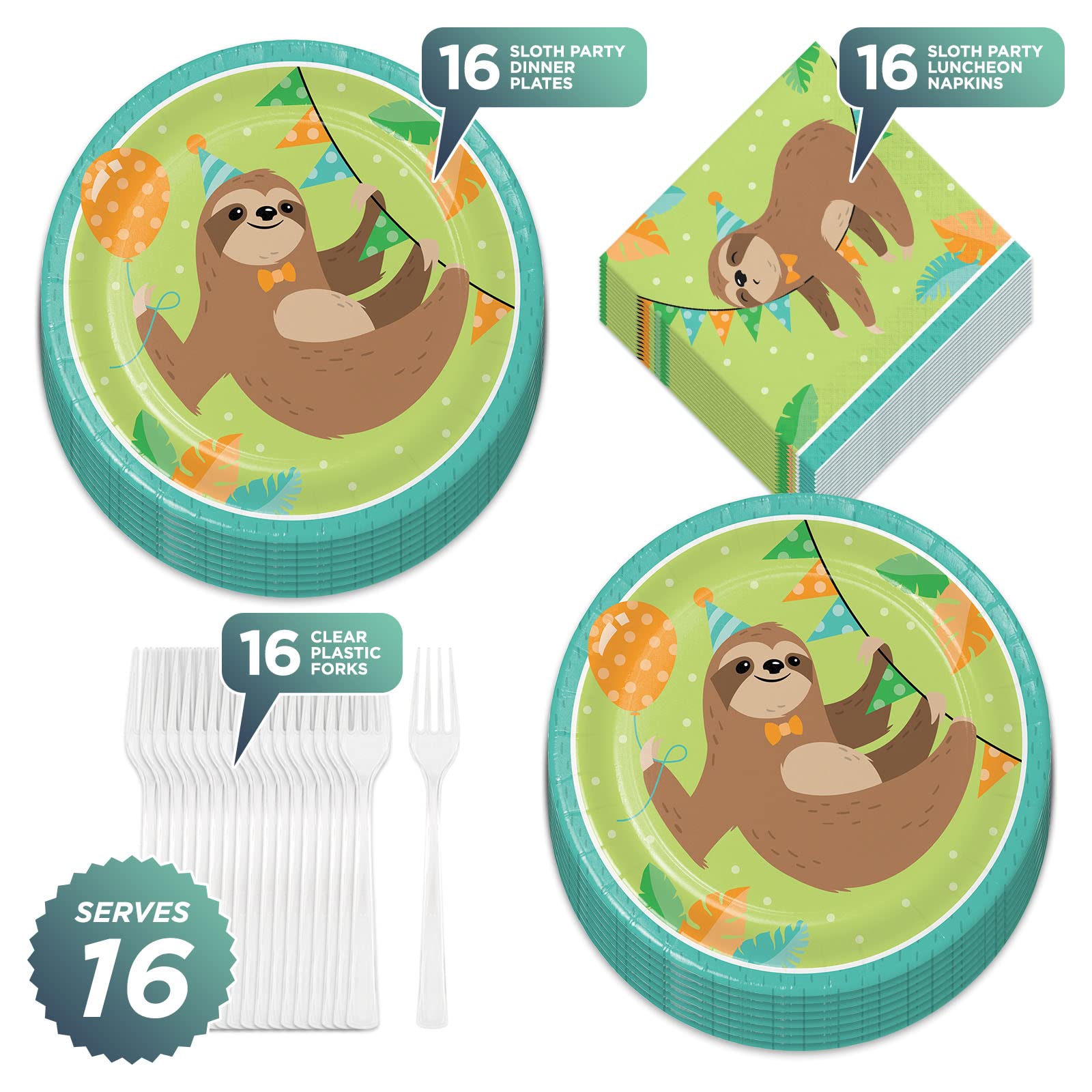 Sloth Party Supplies Set - 16 Hanging Sloth Animal Paper Dinner Plates, Lunch Napkins & Forks for Jungle Theme Birthday Party Decorations | Perfect for Kids Birthday, Baby Shower & Tropical Themed Events