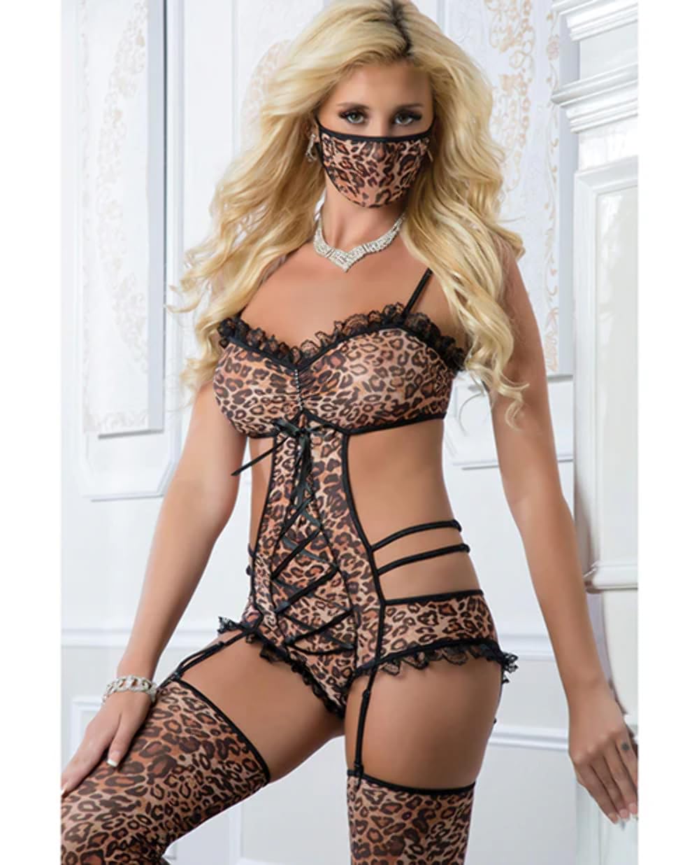 Sexy Teddy with Garters, Face Mask & Stockings - Gold Leopard Print One Size Lingerie Set for Valentine's Day, Boudoir Photography and Romantic Nights
