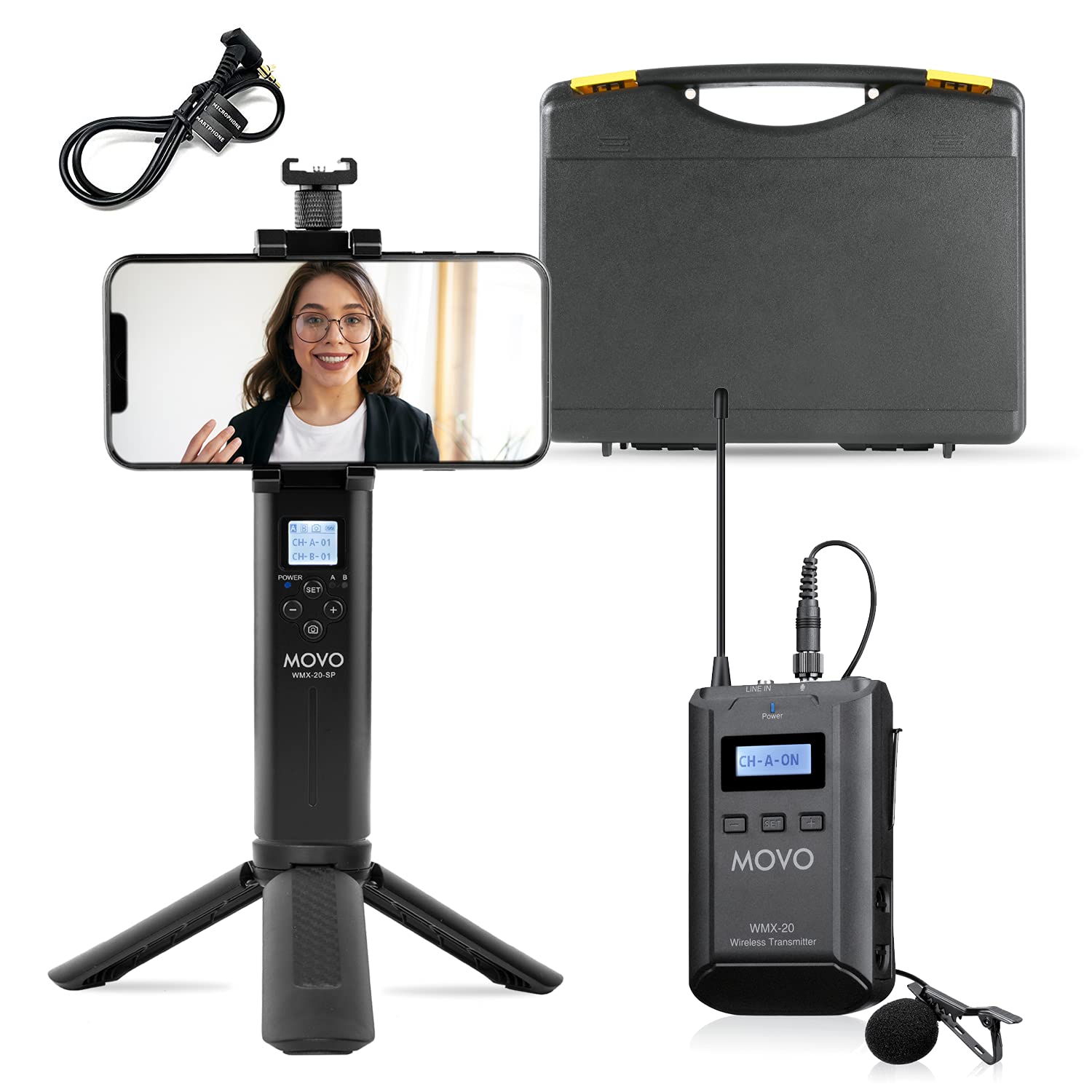 MOVO Wireless Lavalier Microphone Kit for Smartphones - 48-Channel UHF Wireless Mic System with Receiver, Tripod Stand & Bodypack Lapel Mic - Perfect for Vlogging, Live Streaming, Interviews & Podcasting