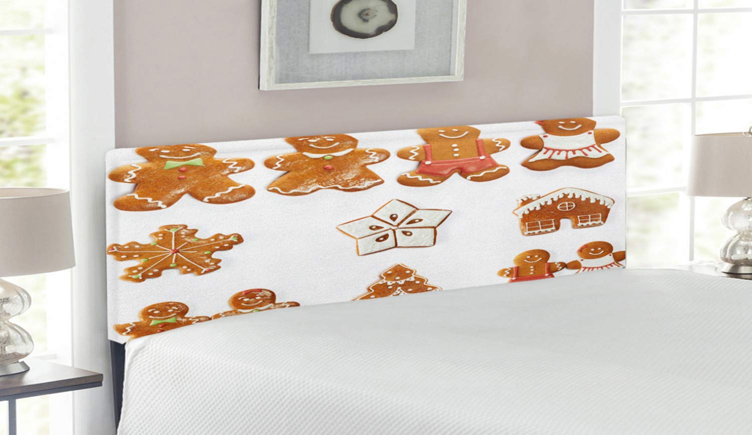 Ambesonne Gingerbread Man Headboard - Queen Size Upholstered Decorative Metal Bed Frame with Memory Foam | Christmas Gingerbread Biscuit & Snowflake House Tree Design in Pale Brown & White | Perfect for Holiday Bedroom Decor & Cozy Winter Nights