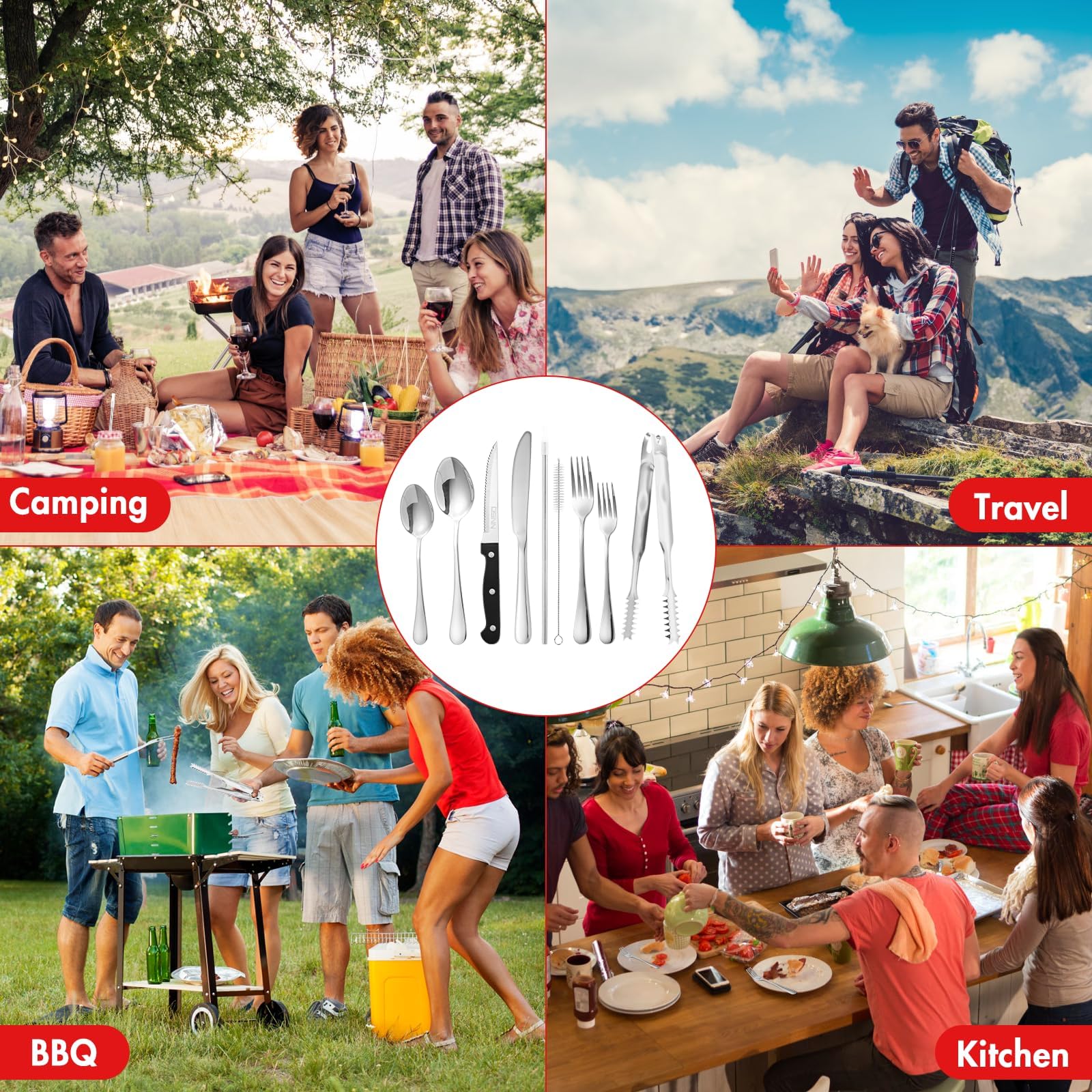 30-Piece Stainless Steel Silverware Set for 4 - Includes Knives, Spoons, Forks, Food Tongs & Metal Straws | DSNN Premium Kitchen Cutlery Set | Perfect for Dining, Entertaining & Eco-Friendly Living