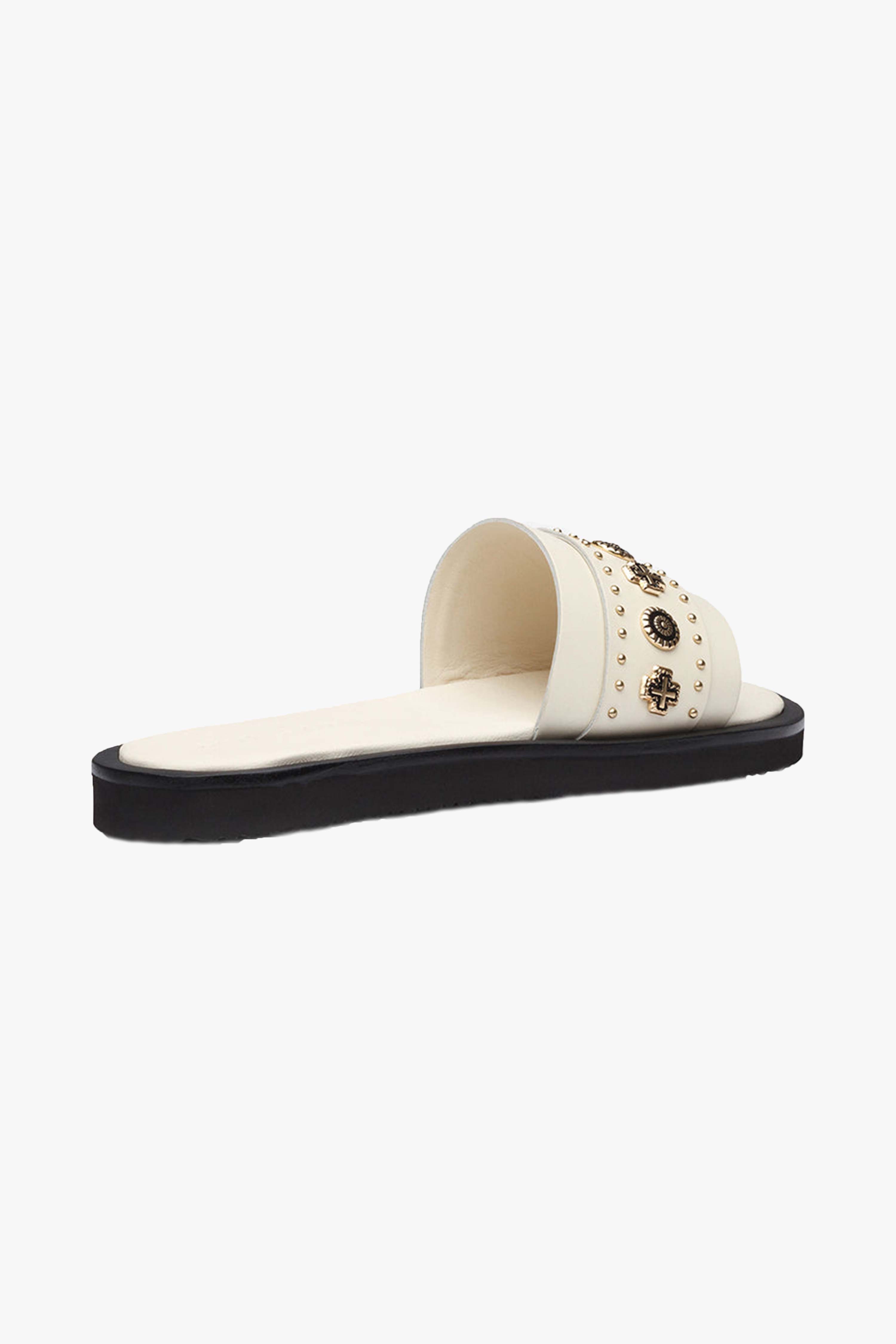 Cleo Off White Leather Slide Sandals with Gold Charms - Women's Fashion Slides for Summer, Beach & Casual Wear