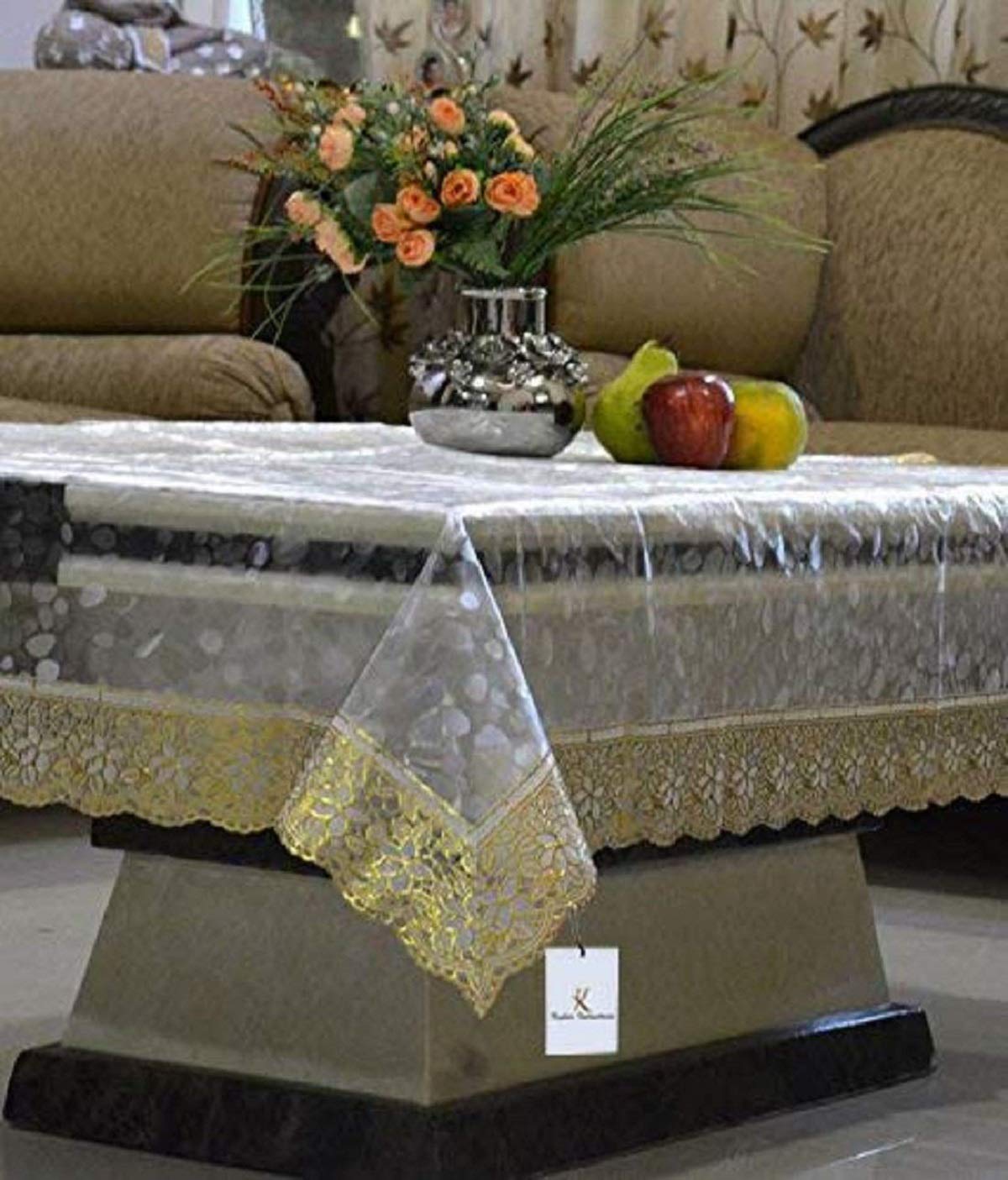 Kuber Industries Gold Lace Round Table Cover - 4 Seater Transparent Tablecloth with Elegant Lace Trim for Dining Room, Wedding, Party Decor