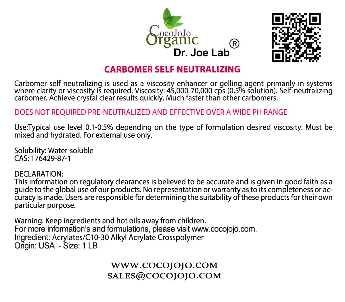 Cocojojo Self-Neutralizing Carbomer/Carbopol Bulk Powder 16 oz (1 lb) - Premium Cosmetic Thickening Agent for Gels, Creams & Lotions | Vegan, Cruelty-Free Formulation for DIY Skincare & Haircare Products
