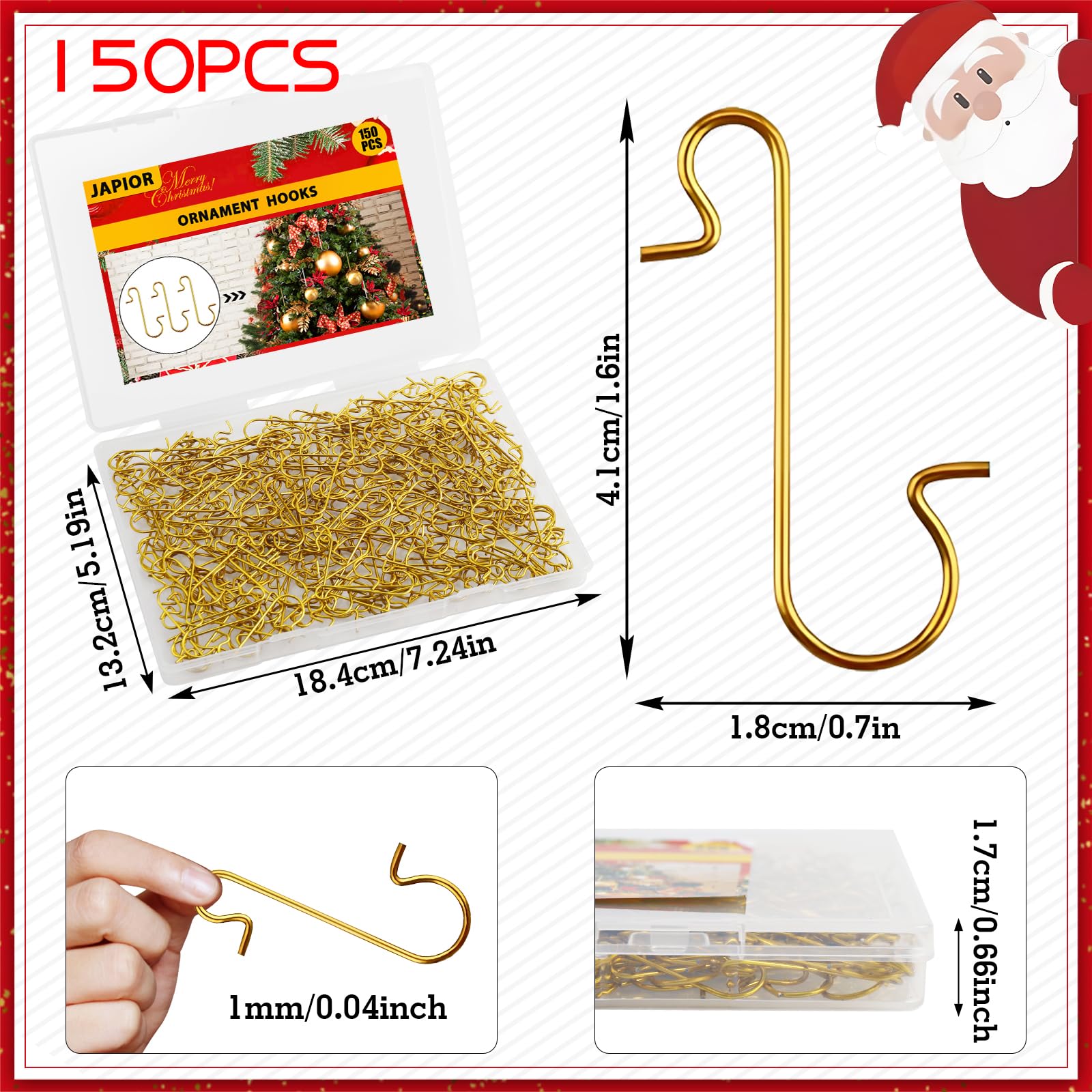 150 Pcs Gold S-Shaped Christmas Ornament Hooks with Storage Box - Durable Tree Decor Hangers for Holiday Party, Home, Office & Festive Decorations