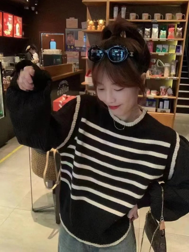 Women's Black & White Striped Knitted Two-Piece Sweater Set - Soft Korean-Style Pullover for Spring & Fall | Perfect for Casual Outings & Layered Outfits