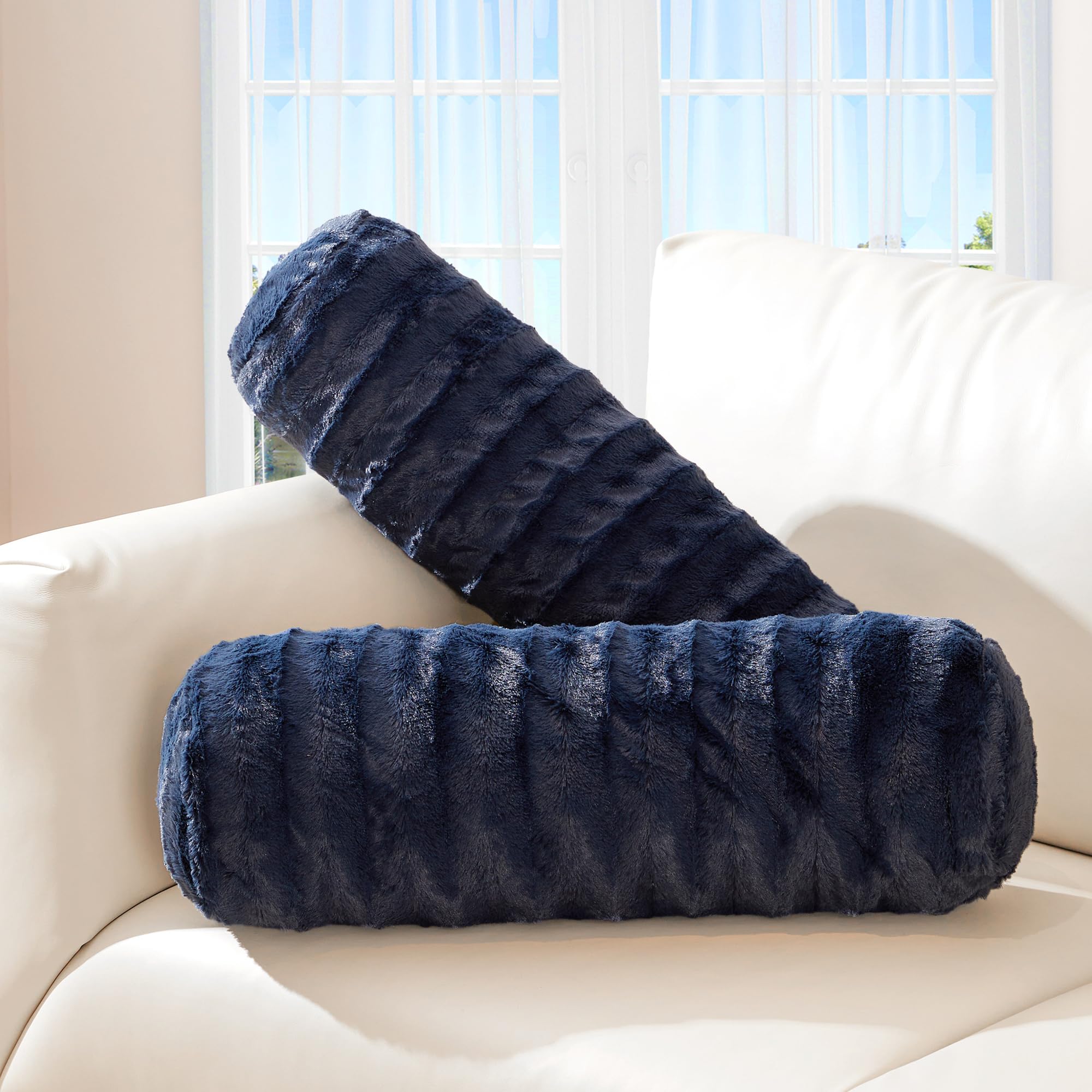 Cheer Collection Faux Fur Cylinder Pillows - 8” x 24” Decorative Bolster Pillows (2pk, Blue) for Bed & Couch - Soft Accent Throw Pillows | Machine Washable & Pet-Friendly | Perfect for Home Decor, Living Room & Bedroom Styling