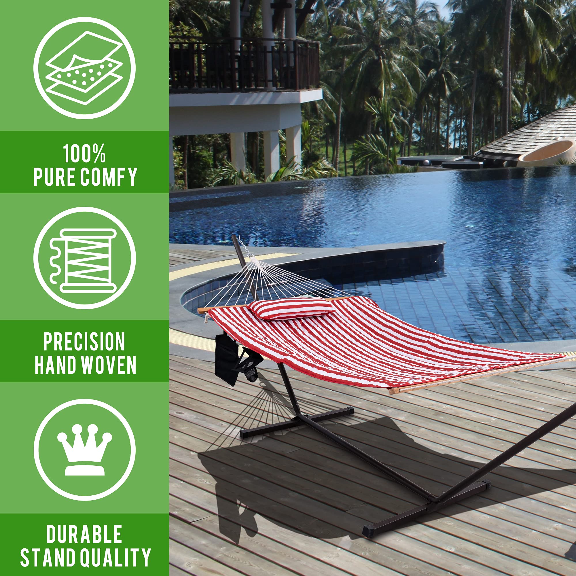 Premium Cotton Rope Hammock with 12FT Steel Stand - Double Hammock with Spreader Bars, Quilted Pad, Detachable Pillow & Cup Holder - Freestanding Outdoor Hammock for Backyard, Patio, Beach & Camping (Red/White Stripes)
