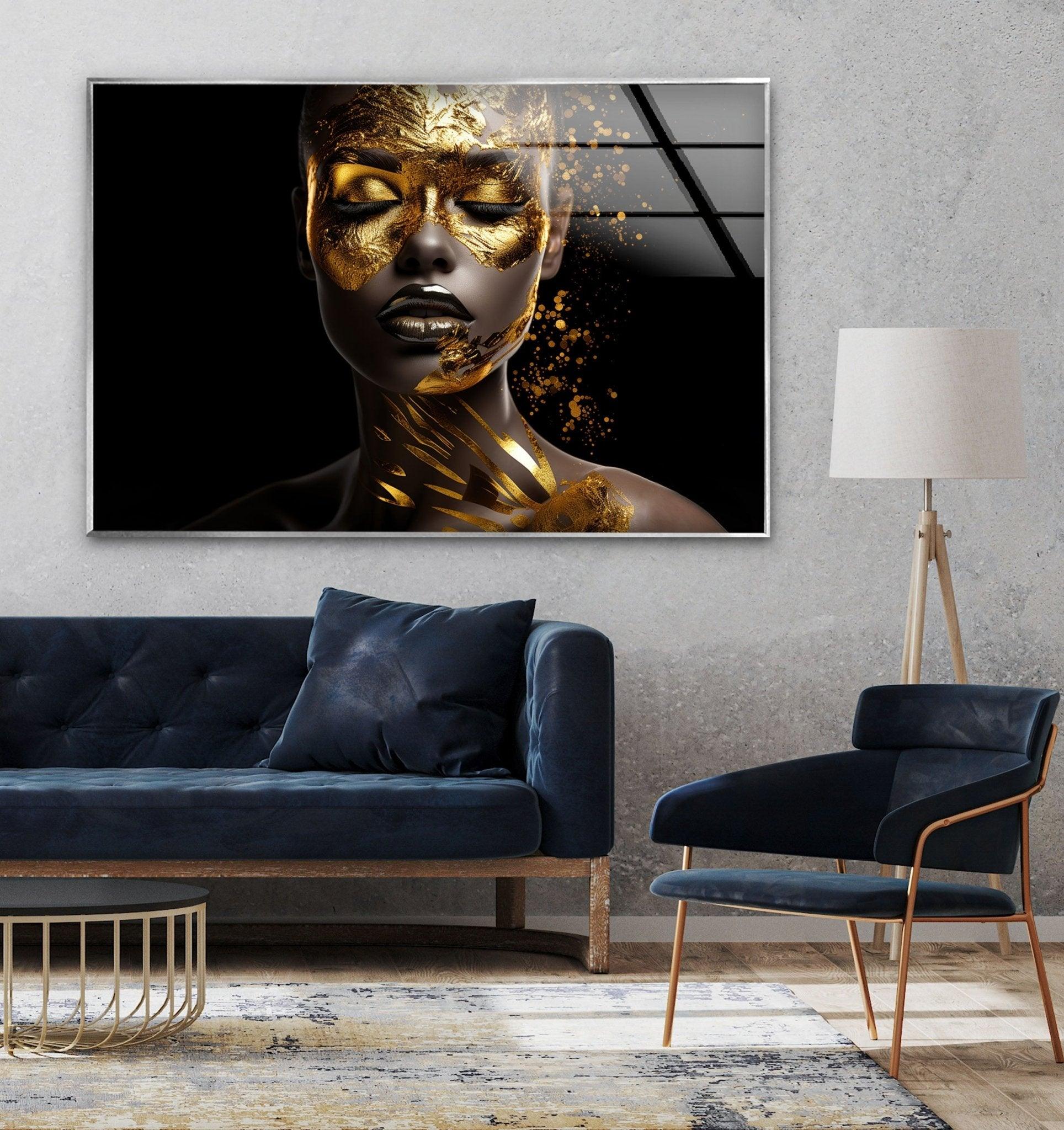 African Woman Portrait with Gold Face - Elegant Glass Wall Art for Living Room, Bedroom & Office Decor