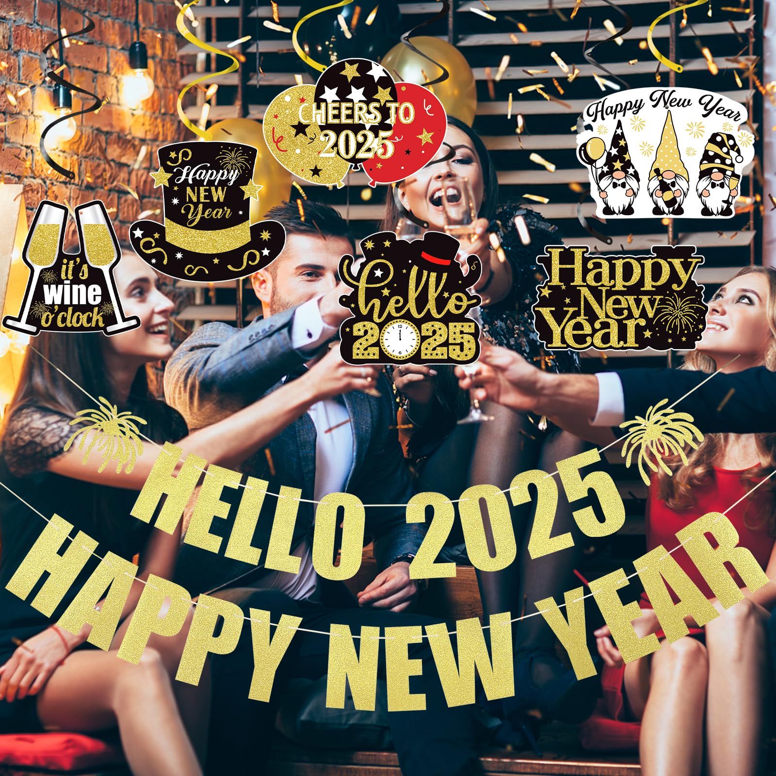 2025 Happy New Year Banner & Hanging Swirls - Gold NYE Party Decorations for 2025 New Year's Eve Celebration - Perfect for Home, Office & New Year Party Decor