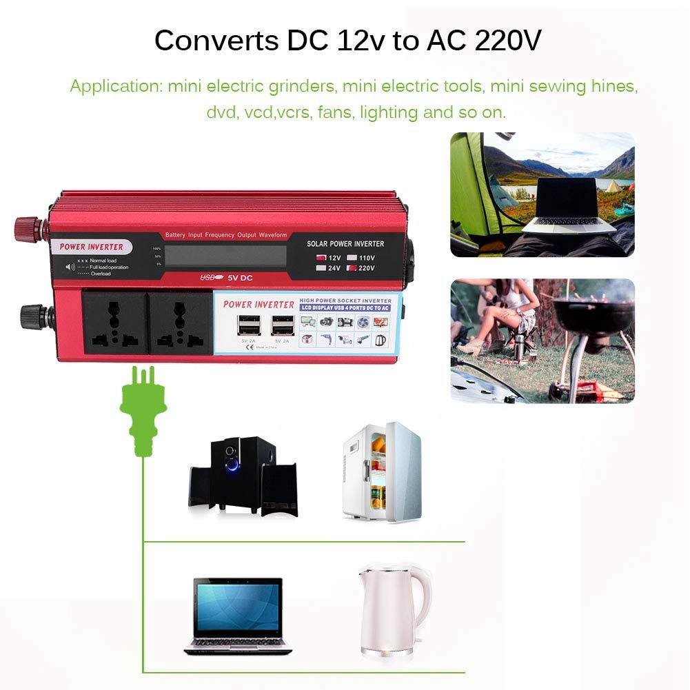 5000W Solar Power Inverter DC 12V/24V to AC with Digital Display & 4 USB Ports - Car Cigarette Lighter Battery Converter for Vehicles, RV, Truck | Perfect for Road Trips, Camping & Emergency Power Backup