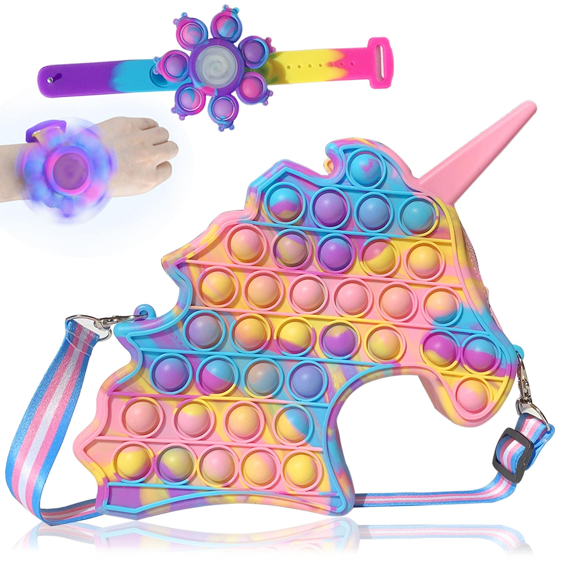 IPOOUER Unicorn Pop Shoulder Bag Purse - Fidget Pack Sensory Toys for Girls & Kids, Stress Relief Bubble Popper Crossbody Bag - Birthday Party Gifts (Tie-Dye) - Perfect for School, Travel & Anxiety Relief