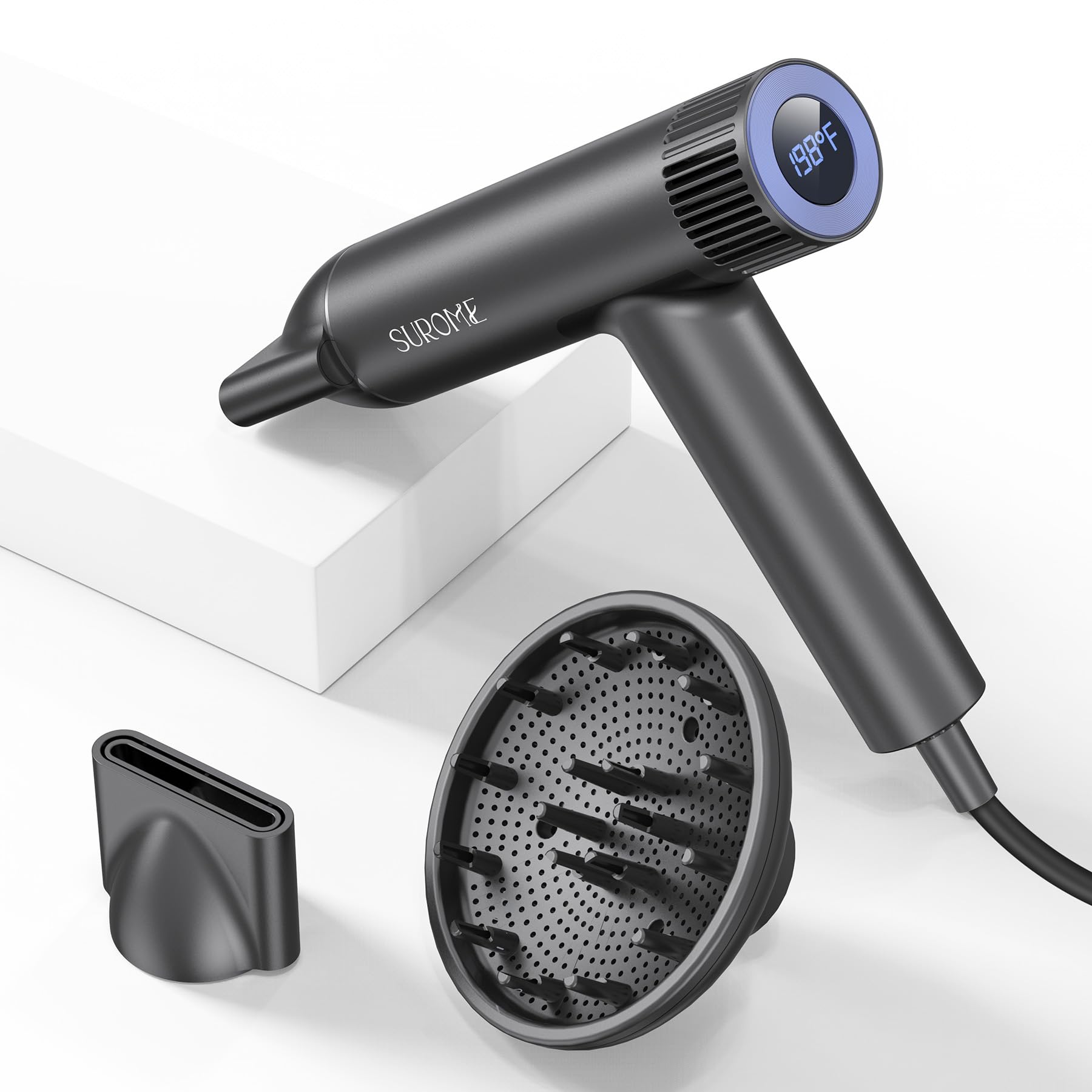 Professional Hair Dryer with 110,000RPM High-Speed Brushless Motor - Fast Drying Negative Ion Technology & Intelligent Temperature Control - Includes Attachments for Home & Salon Use (Grey) - Perfect for Styling, Volumizing & Hair Care Routines