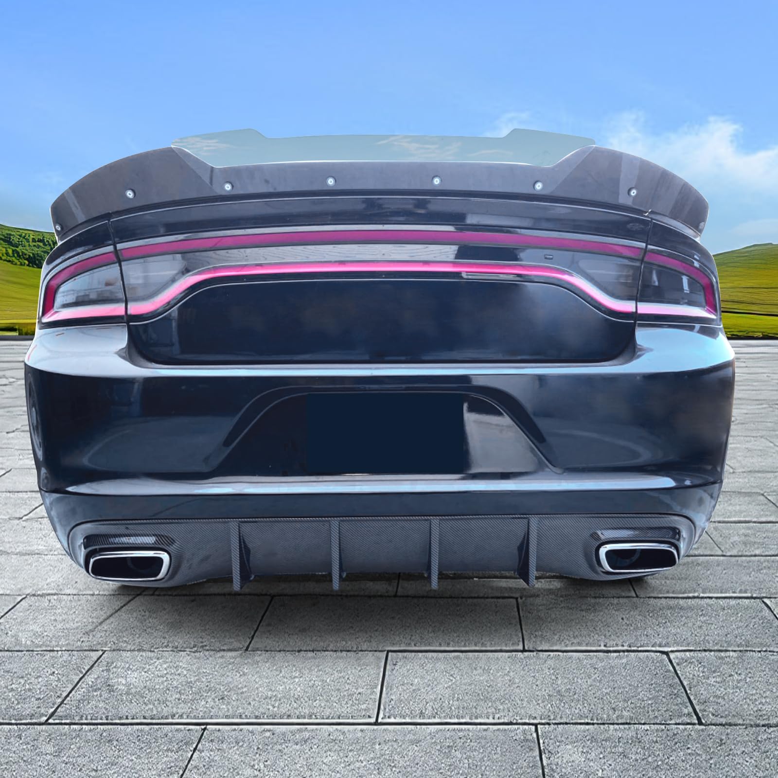 FREEMOTOR802 Rear Diffuser V2 Style - Carbon Fiber Print PP Spoiler for 2015-2023 Dodge Charger Base & SXT Trims | Enhanced Aerodynamics & Sporty Look | Perfect for Car Upgrades & Street Racing