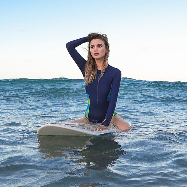 AXESEA x Nine Cats Women's Long Sleeve One Piece Swimsuit - UPF 50+ Sun Protection, High Waist Bathing Suit for Beach, Pool & Surfing