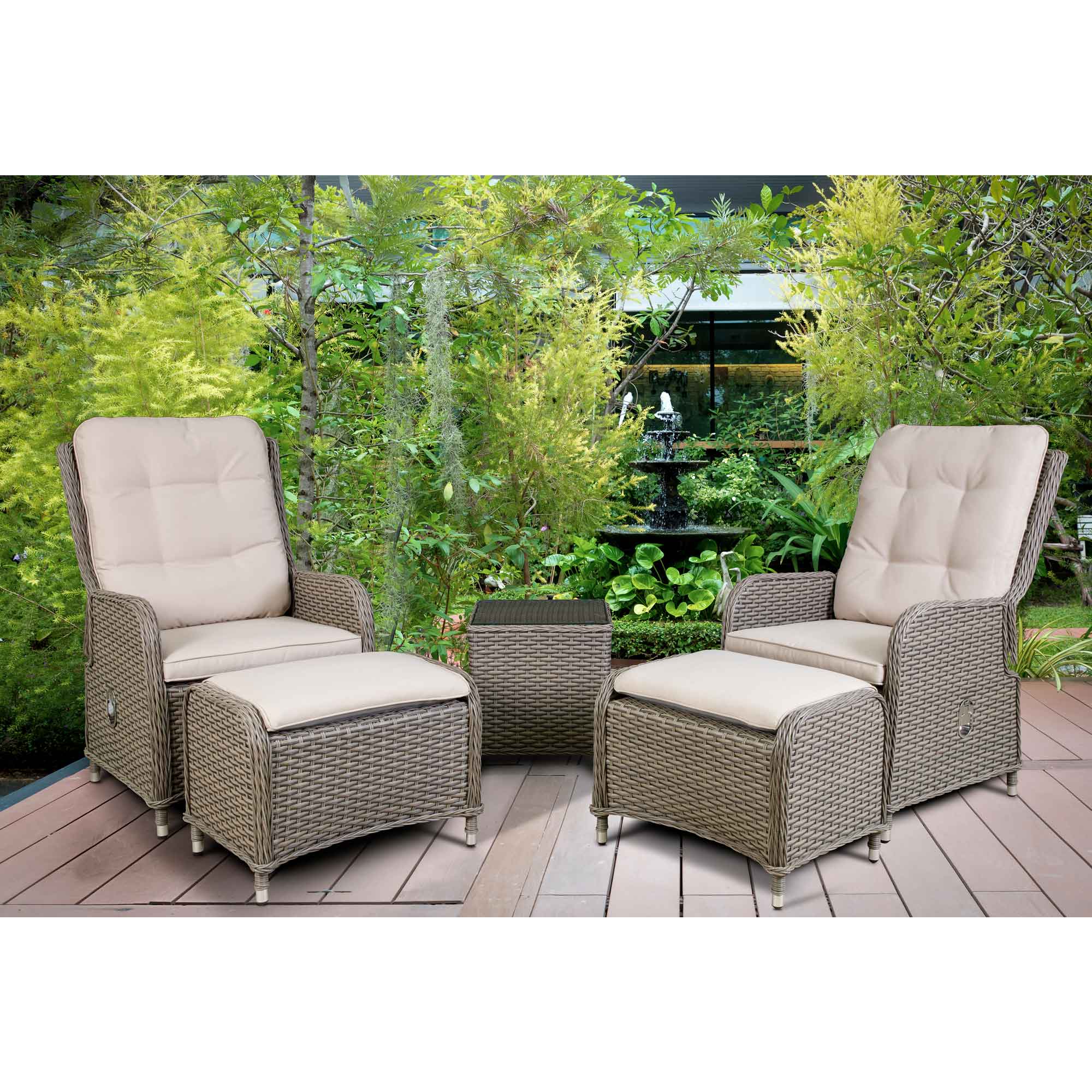Chester Rattan Wicker Outdoor Recliner Chair & Coffee Table Set - Brown Patio Furniture for Backyard, Poolside or Garden Relaxation | DG68