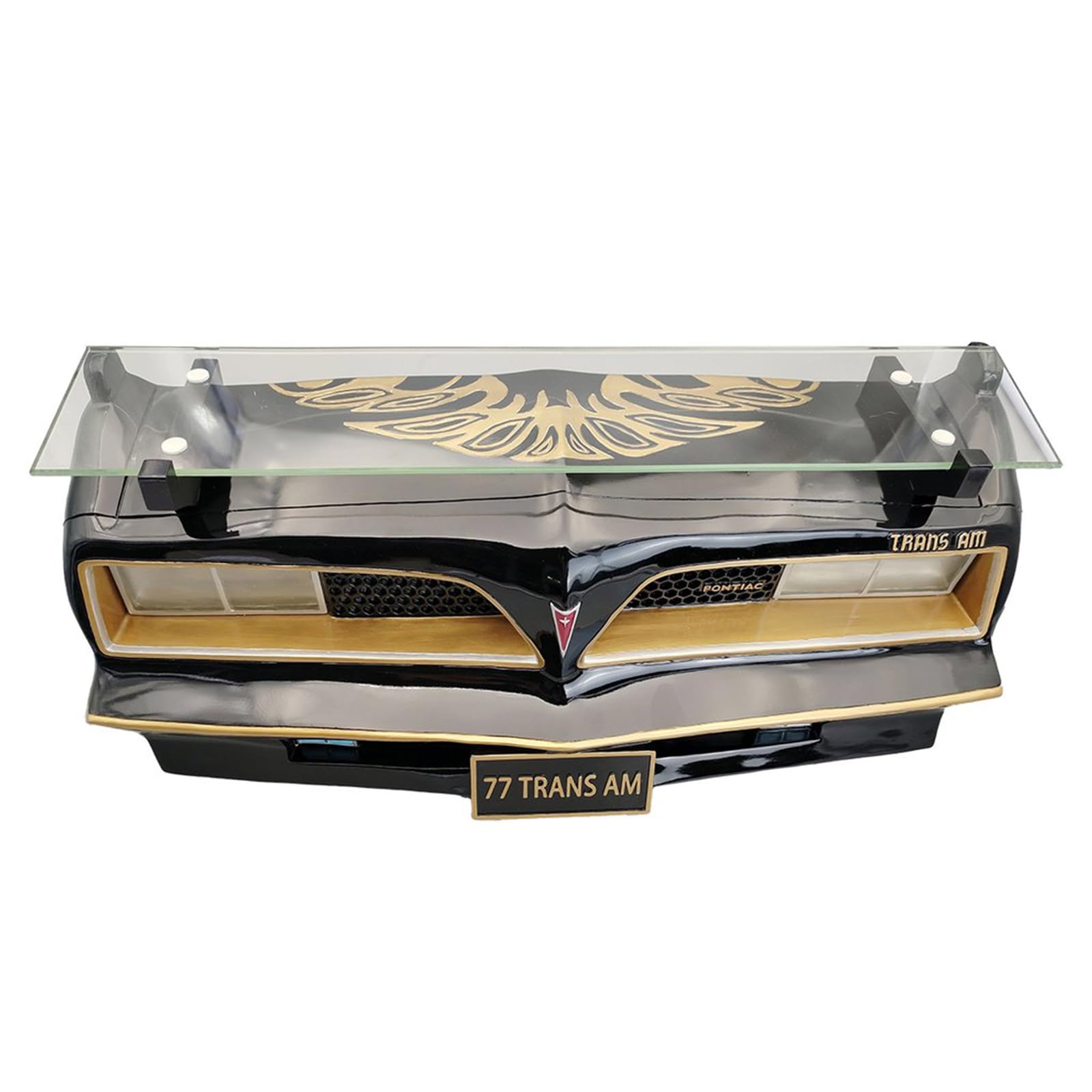 Sunbeltgifts 1977 SE Pontiac Trans AM Wall Floating Shelf - Black & Gold Tempered Glass Display with Battery-Powered LED Headlights (19x7.1x7.2 Inches) - Perfect Classic Car Decor for Pontiac Collectors & Auto Enthusiasts - Ideal for Man Cave, Garage, or Office Display