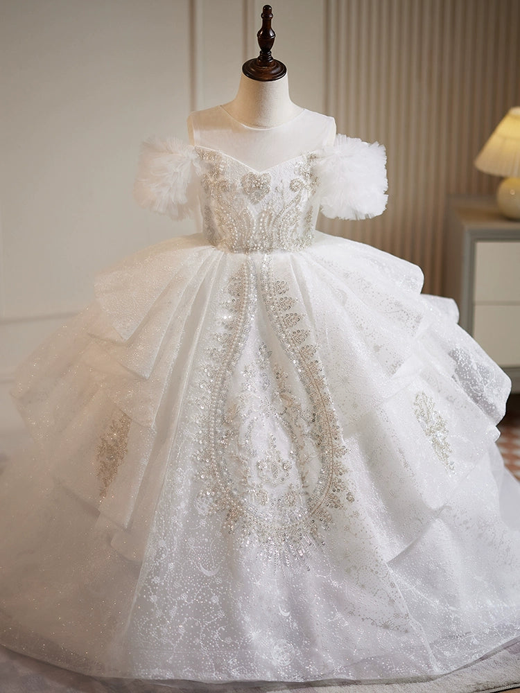 White Princess Round Floor Length Organza Flower Girl Dress - Perfect for Weddings, Baptisms & Special Occasions