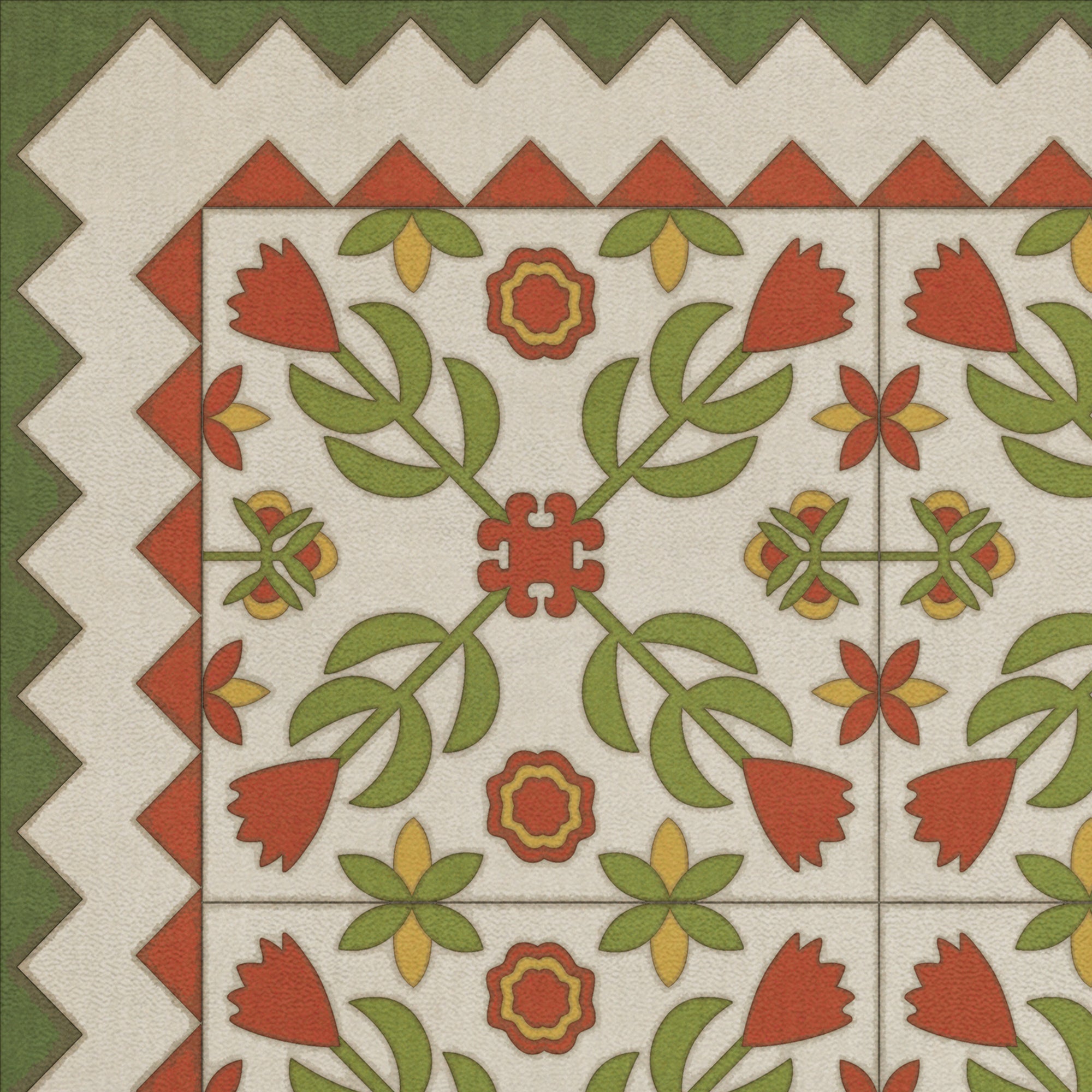 Folk Art Floral Quilted Mirror Vinyl Floor Cloth - Handmade Decorative Rug for Living Room, Bedroom & Entryway