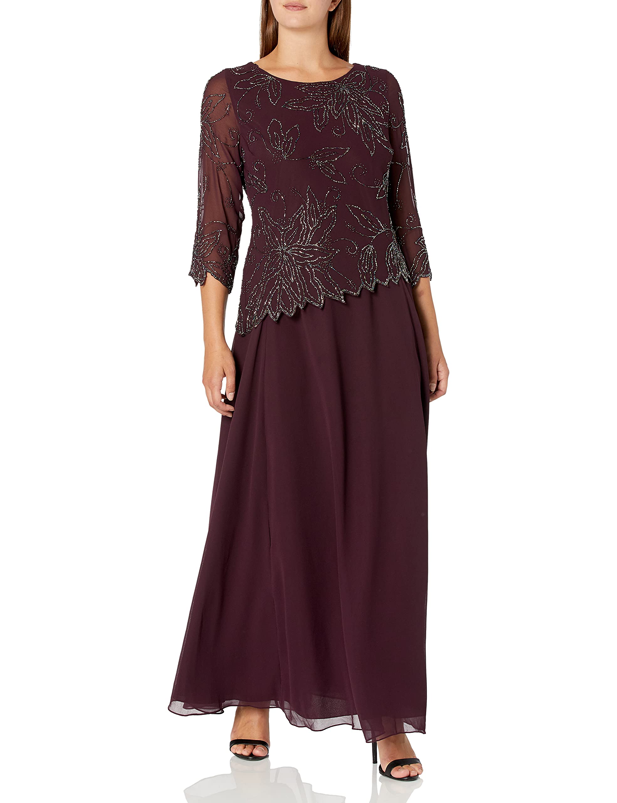 J Kara Women's Petite Floral Beaded Gown - Elegant Beaded Evening Dress for Prom, Wedding Guest & Special Occasions