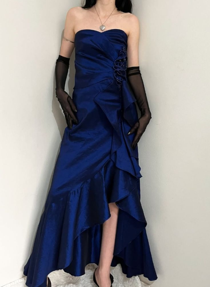 Elegant Navy Blue A-Line Ruffle Satin Prom Dress - Vintage Evening Gown J6723 for Homecoming, Formal Dances & Special Occasions