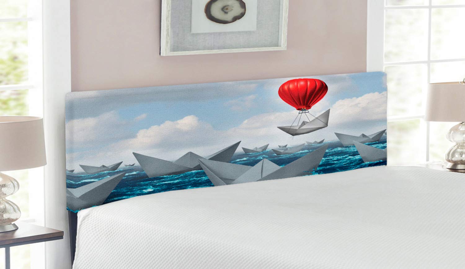 Ambesonne Abstract Upholstered Headboard - Dreamy Paper Boats on Wavy Ocean Design, Queen Size Bed Headboard with Memory Foam in Vermilion Blue Grey | Modern Bedroom Decor for Coastal & Nautical Themes
