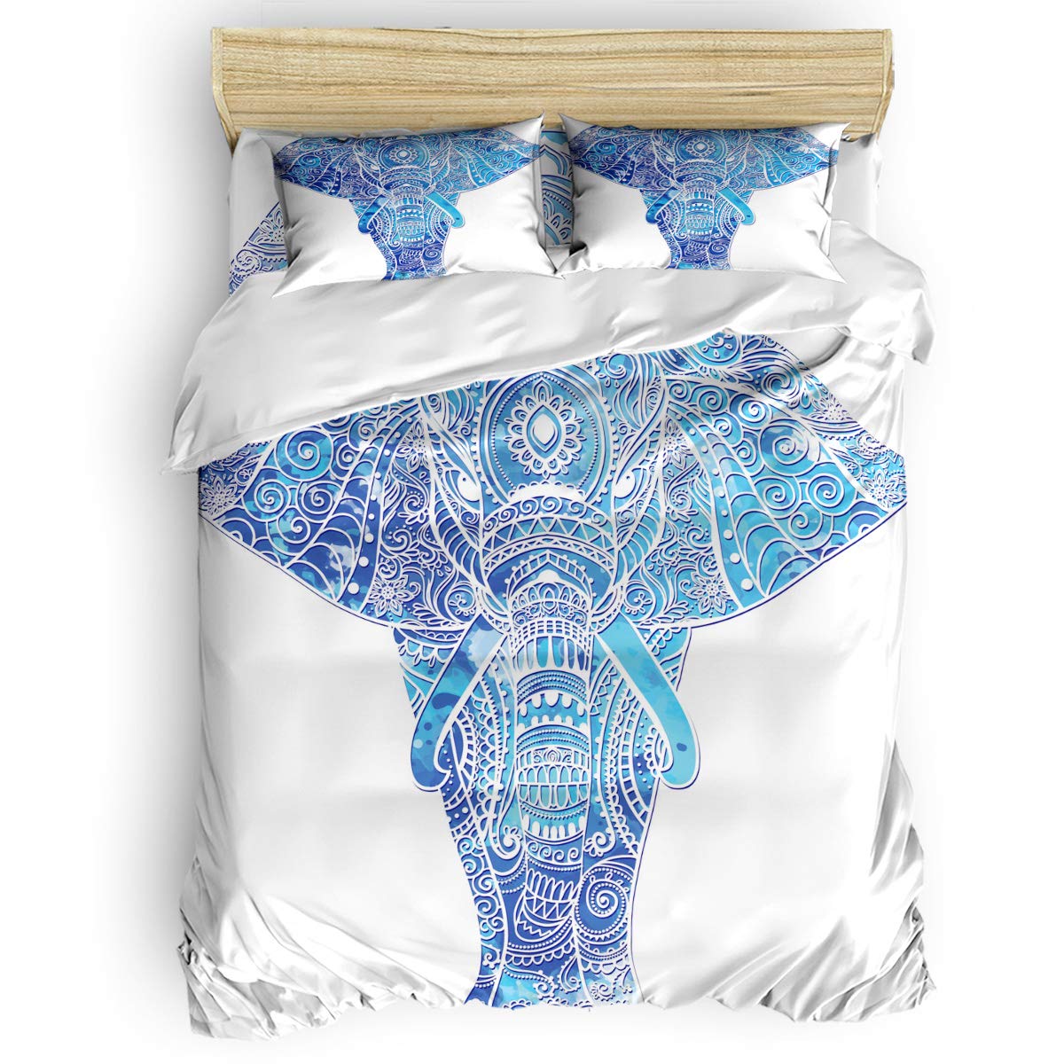 Printed Duvet Cover Set 4-Piece King Size Bedding - Blue Watercolor Floral Elephant Design, Includes Duvet Cover, Fitted Sheet & Pillowcases | Soft Quilt Set for Kids & Adults | Perfect for Nursery, Guest Room or Master Bedroom