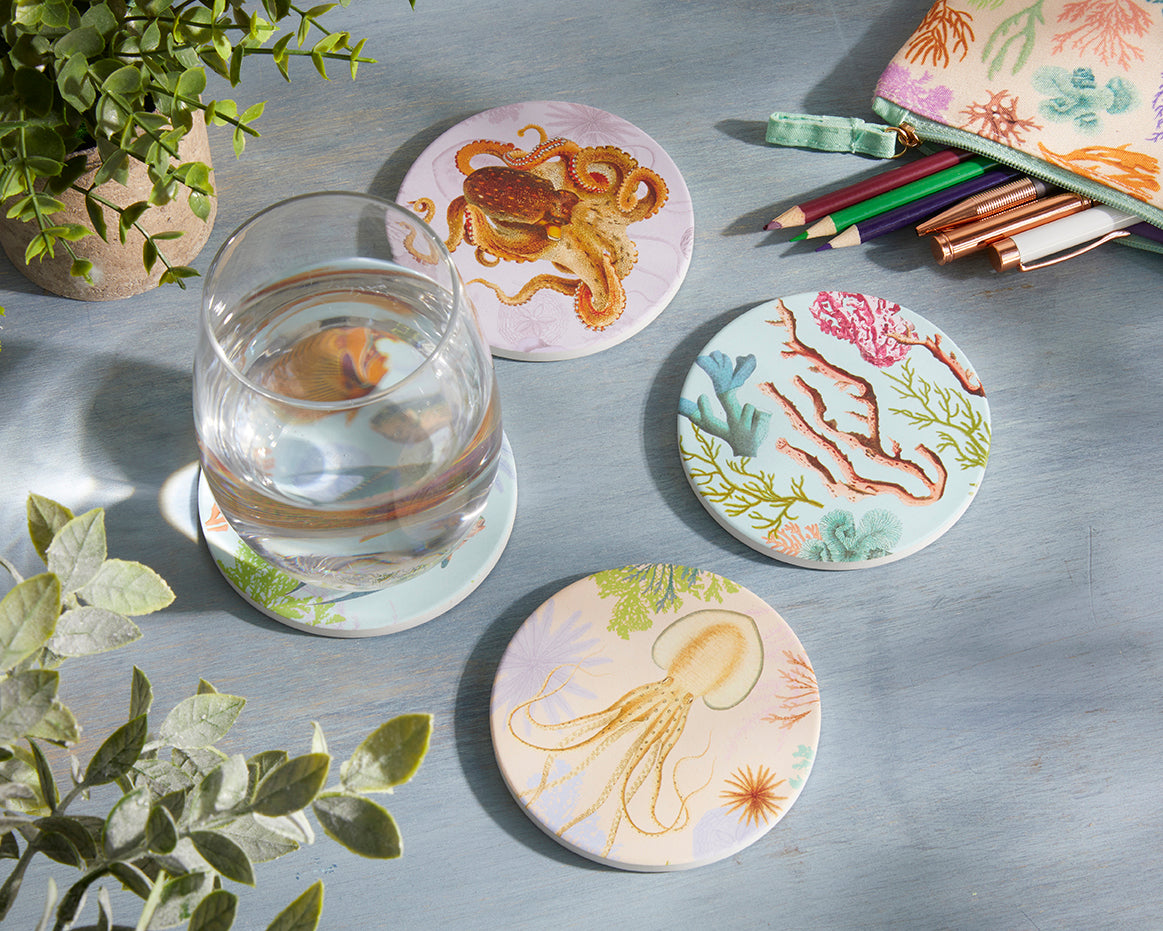 Under the Sea Coaster Set - 4 Pack Absorbent Stone Coasters with Ocean Theme for Coffee Tables & Home Decor | Perfect for Beach House, Coastal Living & Gift Giving