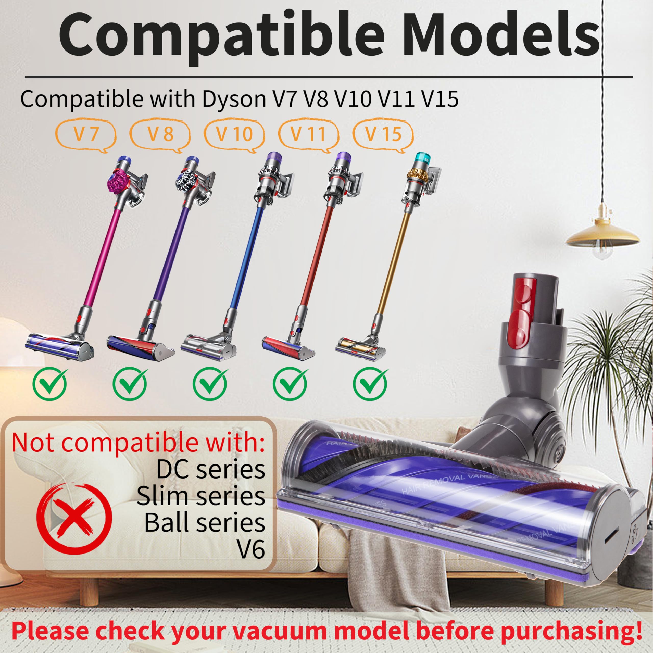 Upgrade Anti-Tangle Vacuum Cleaner Head Replacement for Dyson V8 V10 V11 V15 - Direct Drive Brush Roll for Carpets, Rugs & Hardwood Floors - Perfect for Pet Hair, Dust & Deep Cleaning