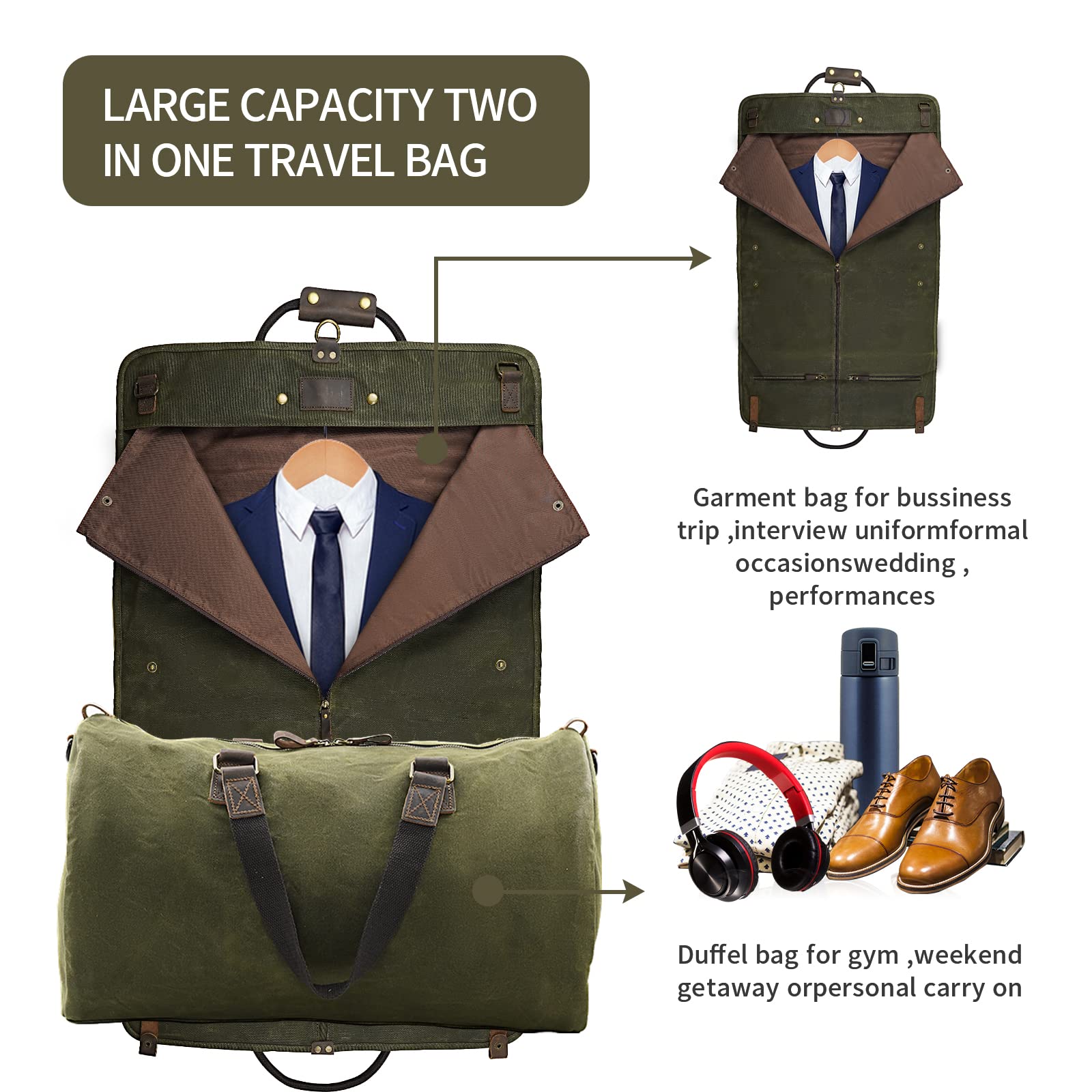 2 in 1 Canvas Leather Suit Luggage Garment Bag with Adjustable Shoulder Strap - Waxed Army Green Waterproof Travel Garment Bag for Business Trips, Weddings & Airplane Carry-On
