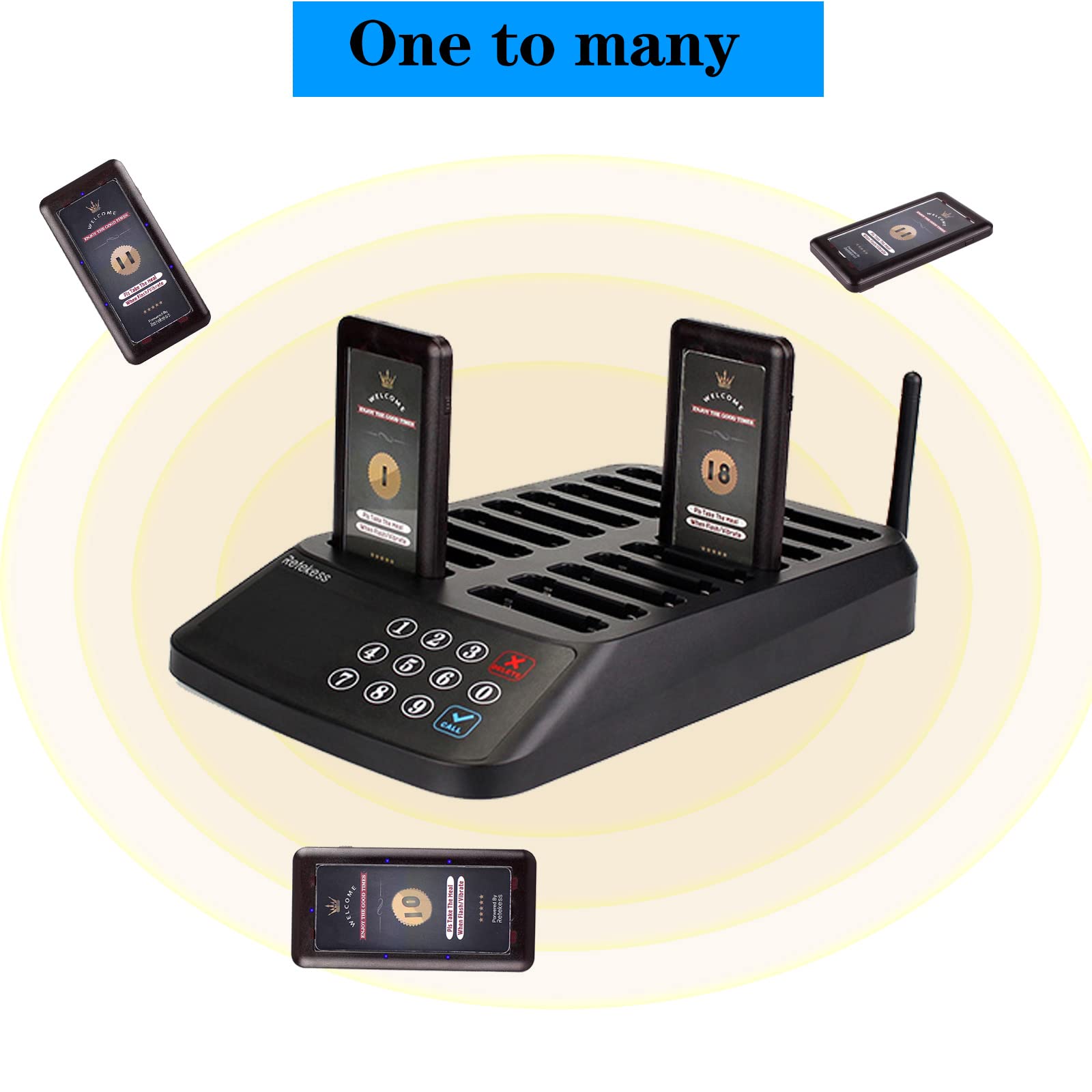 Retekess T115 Restaurant Pagers - 18-Pack Waterproof Wireless Pager System with Touch Keyboard, Vibration & Flash Alerts for Food Trucks, Cafes, Church Nurseries - Ideal for Order Pickup & Customer Notification
