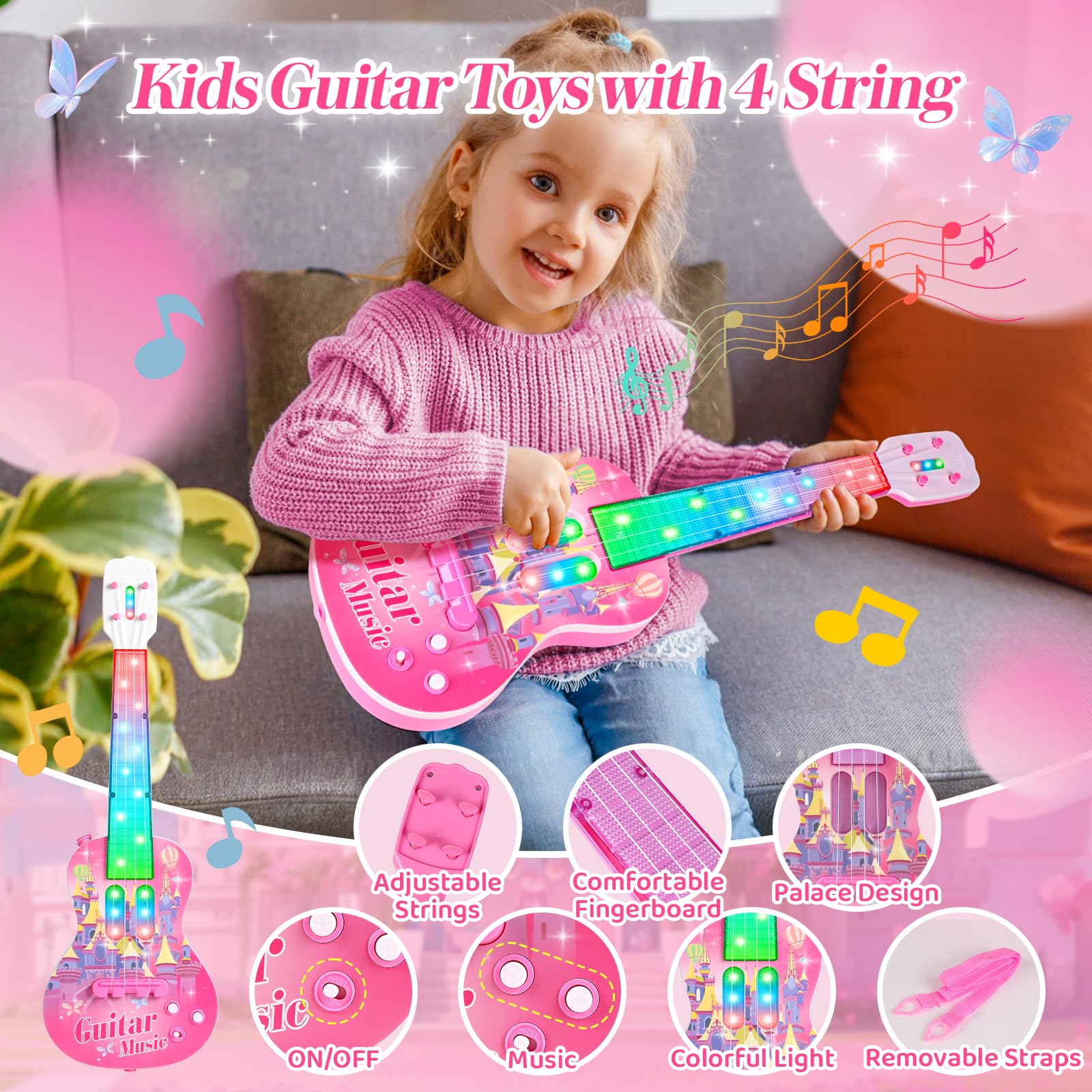 Kids Electric Guitar and Microphone Playset - 4-String Musical Toy Guitar with Adjustable Stand, LED Music Lights & Karaoke Function - Perfect Birthday Gift for Boys & Girls | Home Music Party, Stage Performance & Early Childhood Education