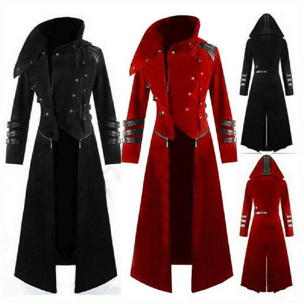 Premium Scorpion Men's Hooded Trench Coat - Long Gothic Steampunk Jacket in Red/Black | Perfect for Cosplay, Halloween Costumes & Alternative Fashion Events