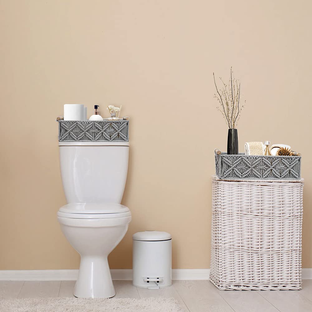 Macrame Storage Basket Set of 2 - Boho Woven Decorative Baskets for Home Organization, Bathroom Countertop, Toilet Paper Holder, Nursery & Living Room Decor - Grey (Perfect for Bedroom, Entryway & Boho Chic Home Decor)