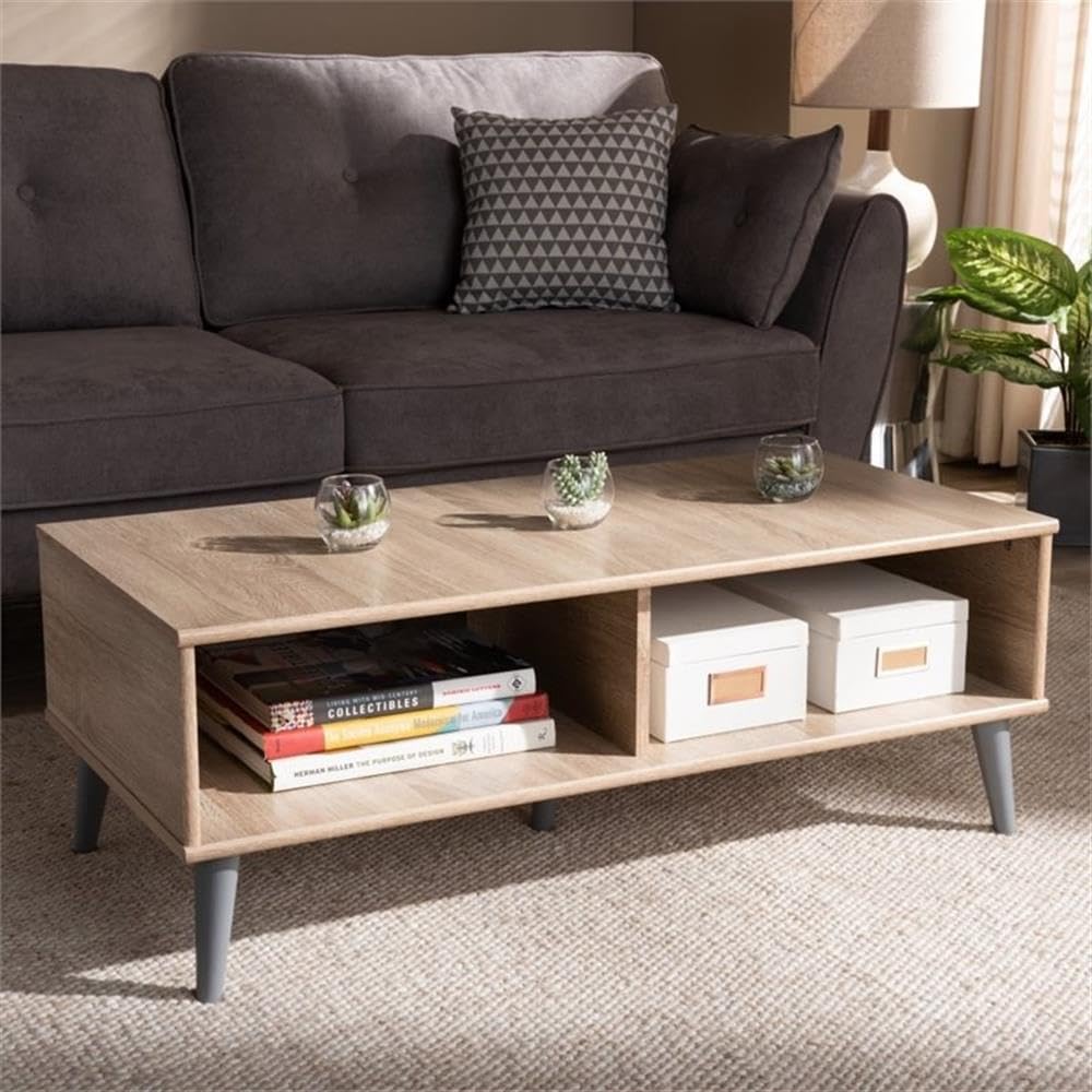 BOWERY HILL Solid Oak Wood Coffee Table with Light Grey Finish - Modern Living Room Furniture for Small Spaces & Home Decor