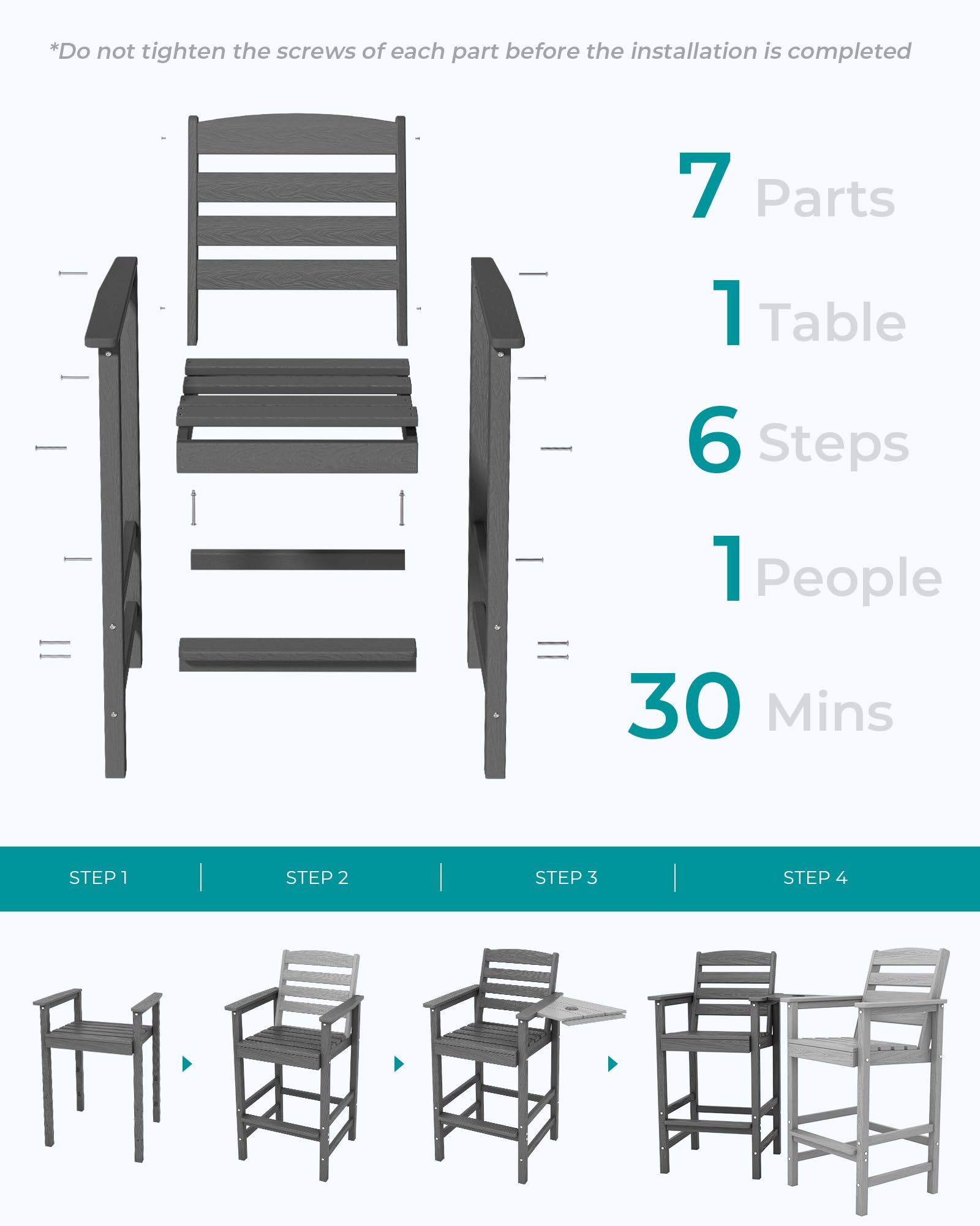 Premium SERWALL Tall Adirondack Chairs Set of 2 with Connecting Table - Outdoor Patio Furniture in Elegant Grey for Backyard, Garden, and Poolside Relaxation