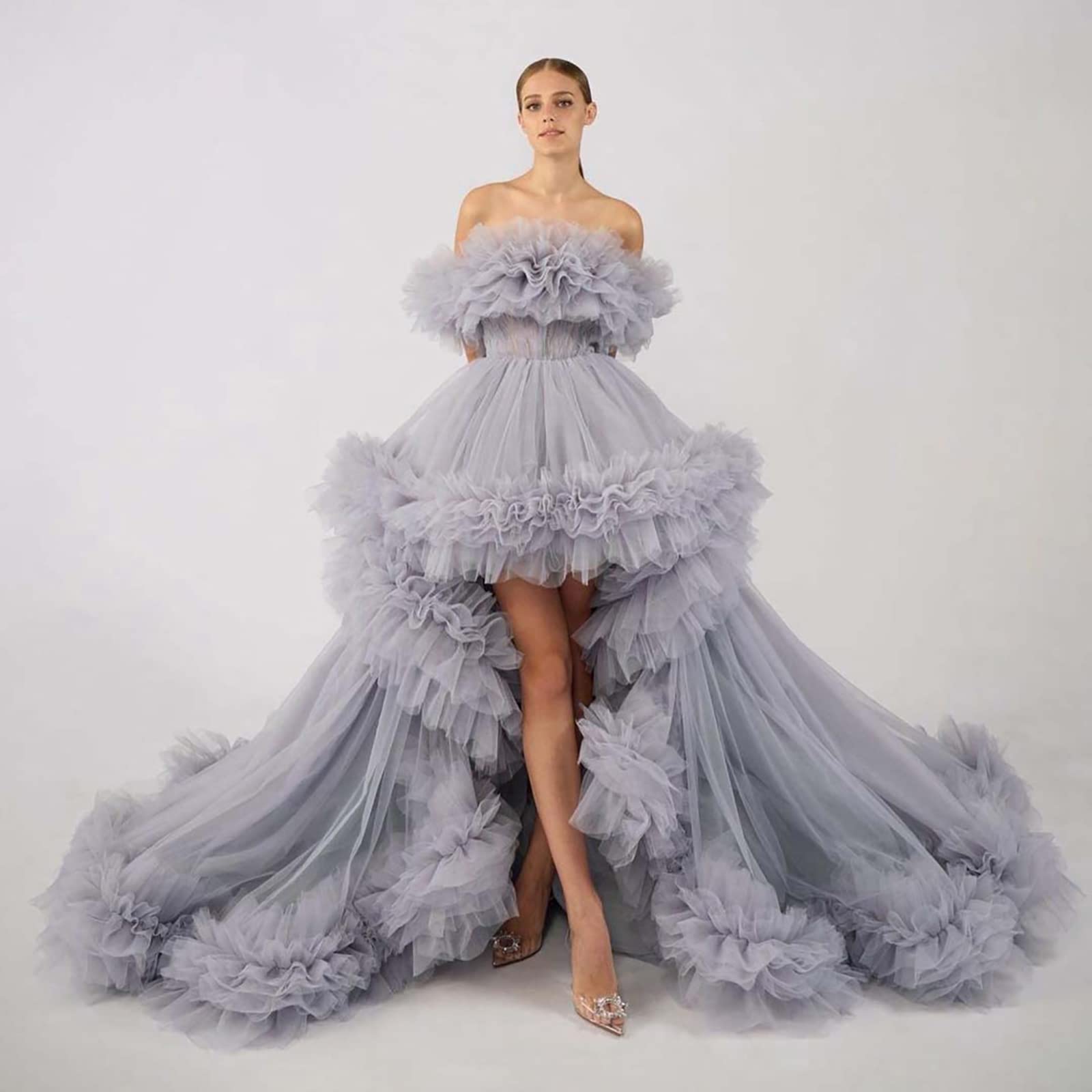 Elegant Off Shoulder Hi-Lo Tulle Maternity Robe for Pregnancy Photoshoot & Bridal Wedding Dressing - Perfect for Baby Shower, Bridal Party and Special Occasions