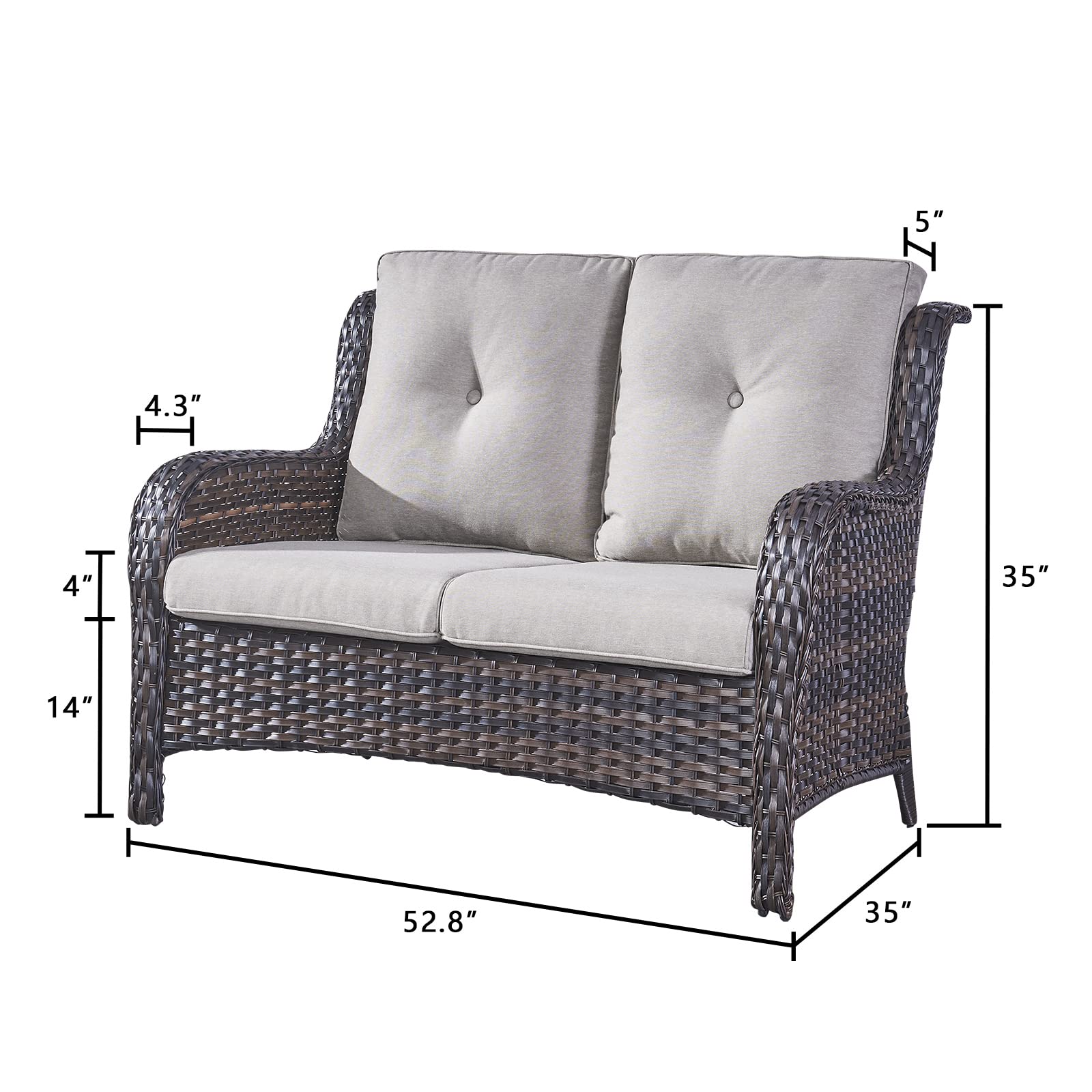 Outdoor Wicker Loveseat Patio Sofa - 2-Seat Rattan Outdoor Couch with Deep Seating & Comfortable Cushions, Brown/Grey - Perfect for Porch, Deck, Balcony, Garden & Backyard Relaxation