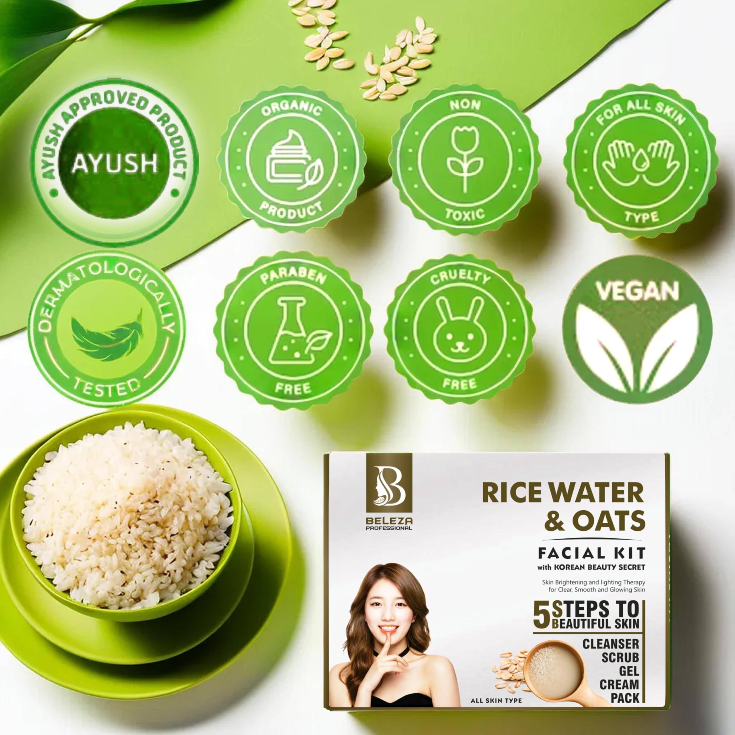 Beleza Professional Rice Water & Oats Facial Kit with Korean Beauty Secrets (275g) - Hydrating & Brightening Skincare for Glowing Complexion | Perfect for Daily Cleansing & Nighttime Routine