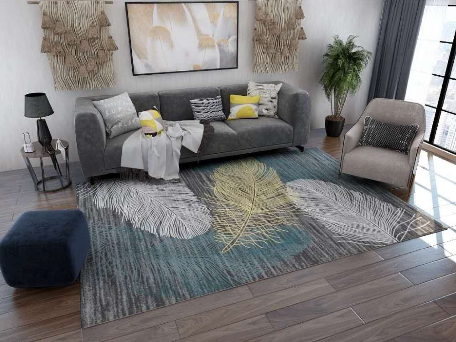 Tricolor Feather Area Rug - Light Luxury Simple Living Room Rug with Retro Art Deco Design, 4x6ft for Bedroom, Office & Home Decor | Perfect for Boho, Modern & Vintage Interior Styles