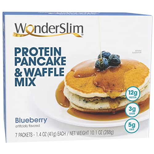WonderSlim Protein Pancake & Waffle Mix - Blueberry Flavor, High Protein 12g, Low Sugar 3g, High Fiber 5g, Low Fat 1g (7 Pack) - Perfect for Breakfast, Keto Diet & Weight Loss