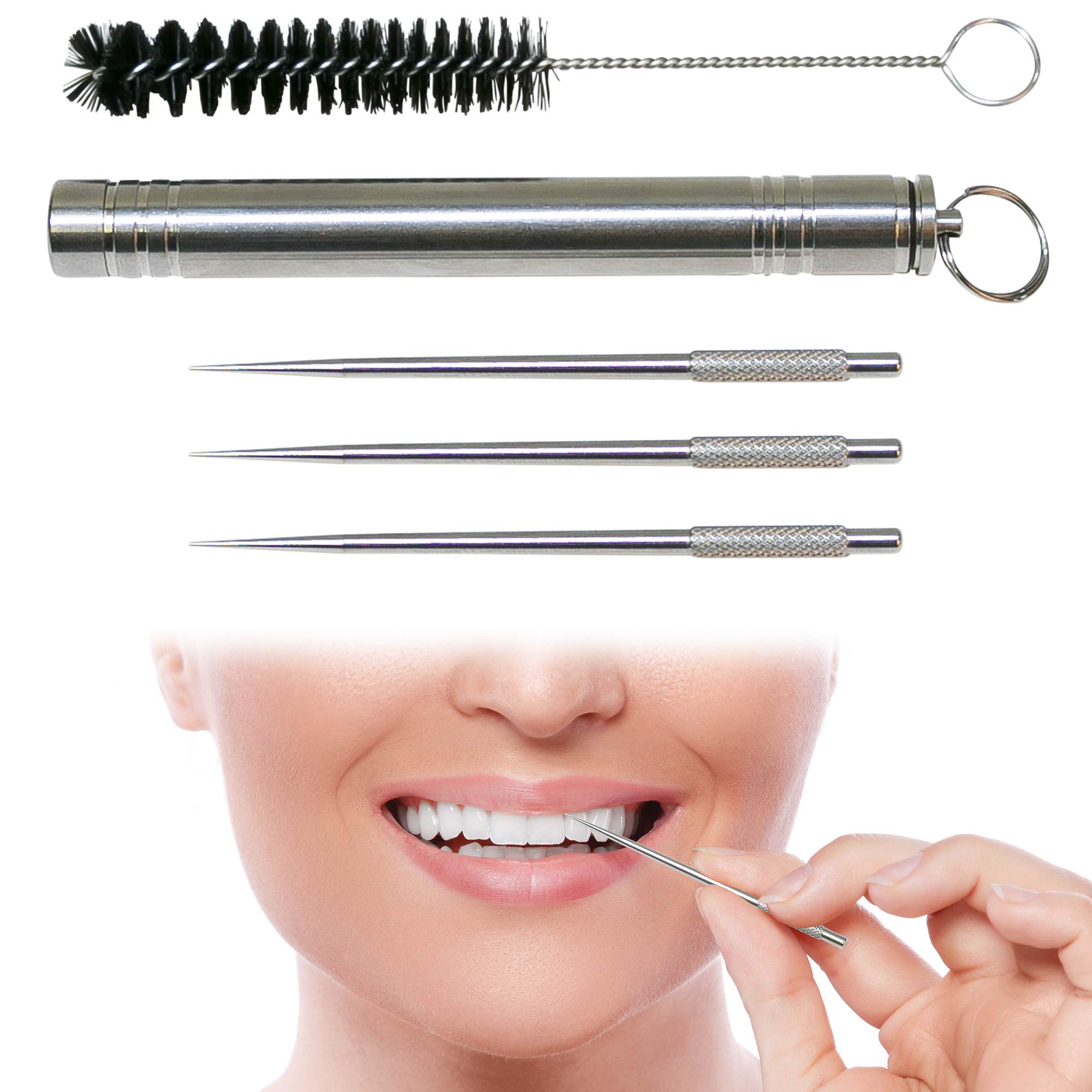 Premium Stainless Steel Toothpick Set - 3 Reusable Metal Toothpicks with Waterproof Holder & Cleaning Brush - Durable EDC Gear for Men & Women (Silver) - Perfect for Travel, Camping, and Daily Oral Hygiene