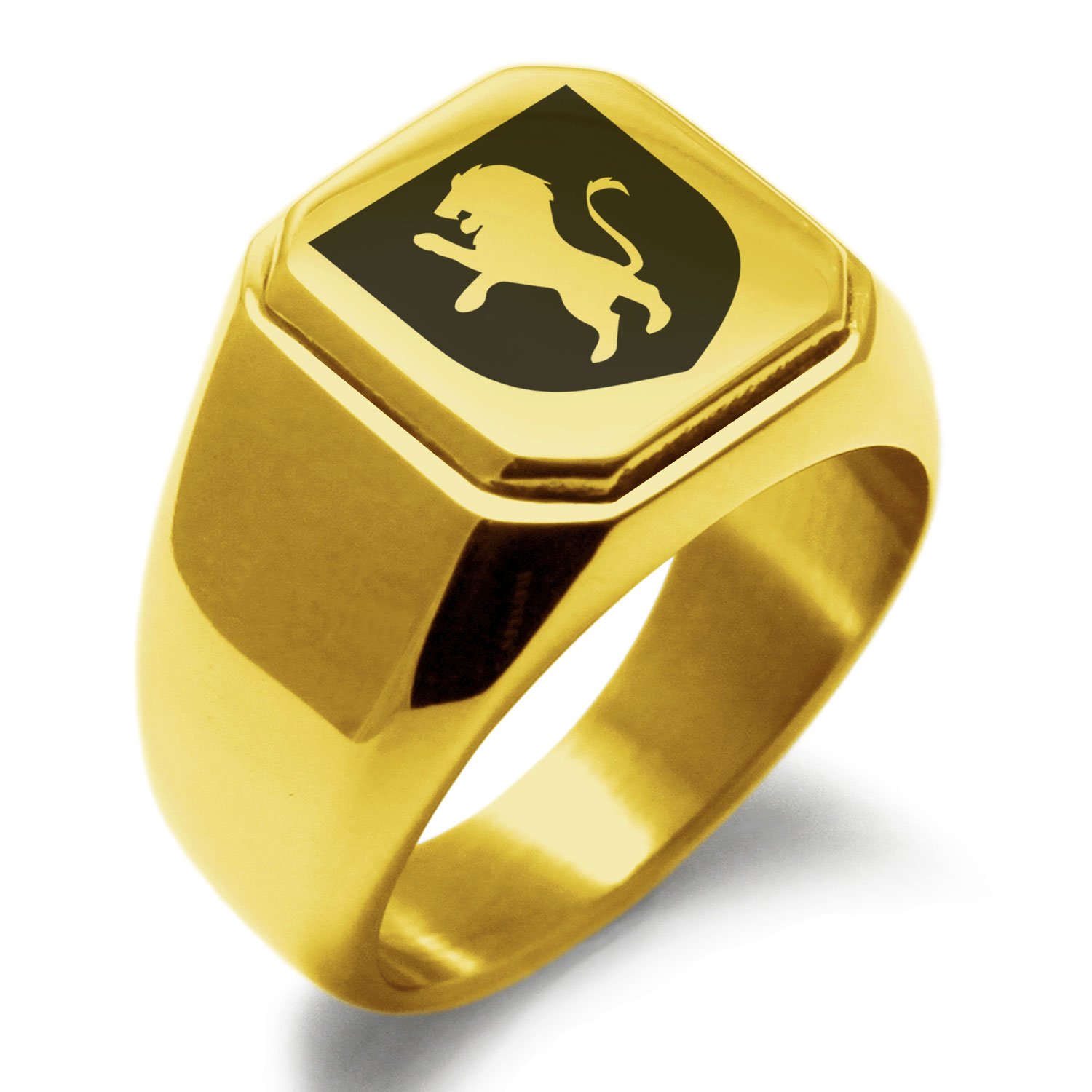 Stainless Steel Lion Courage Coat of Arms Shield Symbol Ring - Polished Square Flat Top Biker Style Jewelry for Men - Perfect for Motorcycle Enthusiasts, Medieval Lovers & Unique Gift Occasions