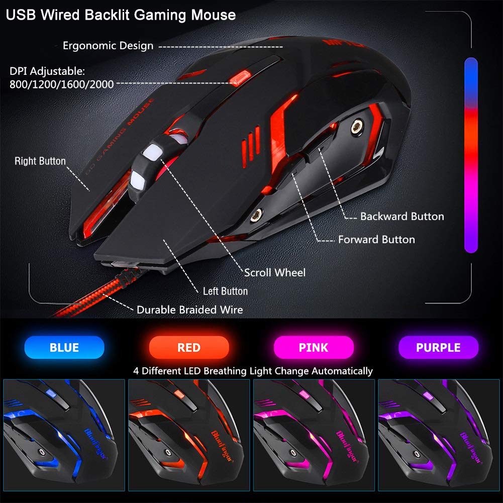 BlueFinger RGB Gaming Keyboard, Backlit Mouse & Headset Combo - USB Wired LED Gaming Set with Microphone for PC, Laptop - Perfect for Gaming, Streaming & Office Work