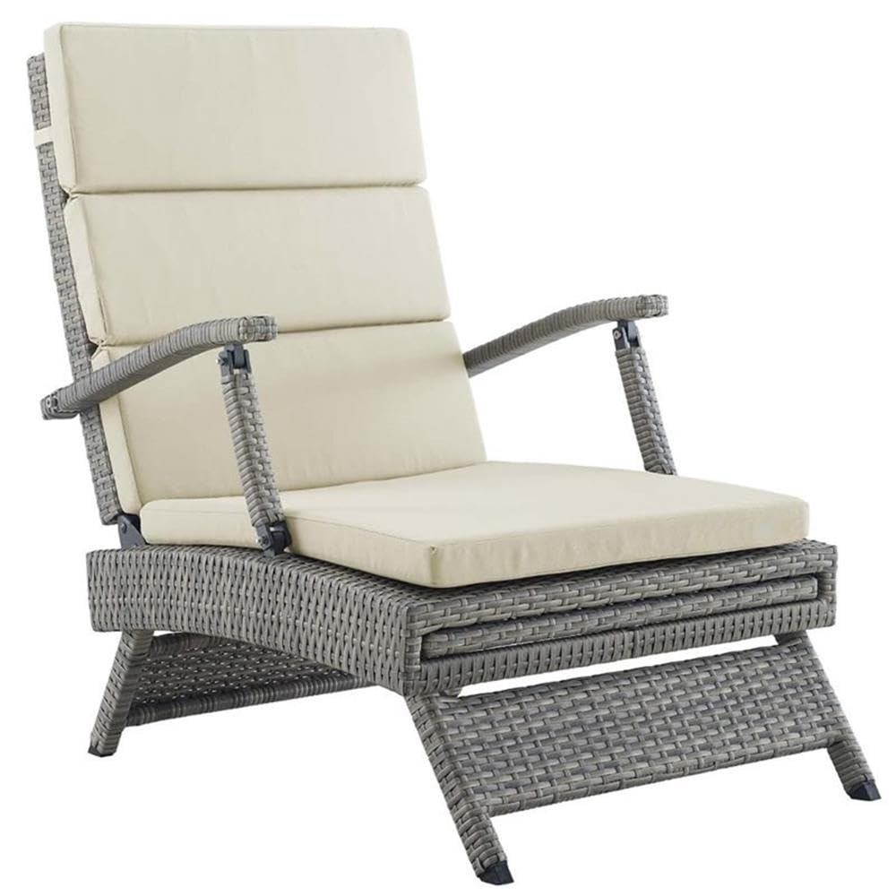 Pemberly Row Modern Wicker Rattan Patio Lounge Chair - Beige Outdoor Furniture for Poolside, Garden, and Backyard Relaxation