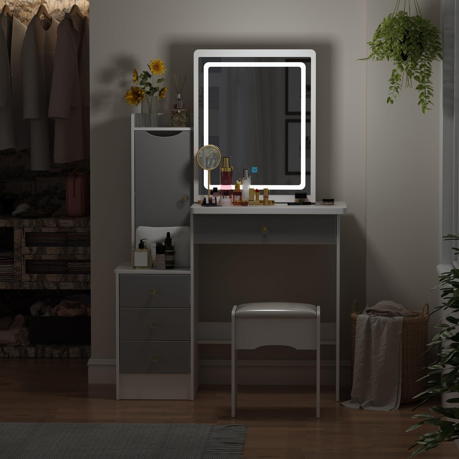 FAMAPY White and Grey Vanity Desk with Mirror & LED Lights, Makeup Dressing Table with Sliding Lighted Mirror, Cushion Stool, Drawers & Shelves - Perfect for Bedroom, Dorm Room & Beauty Salon Decor
