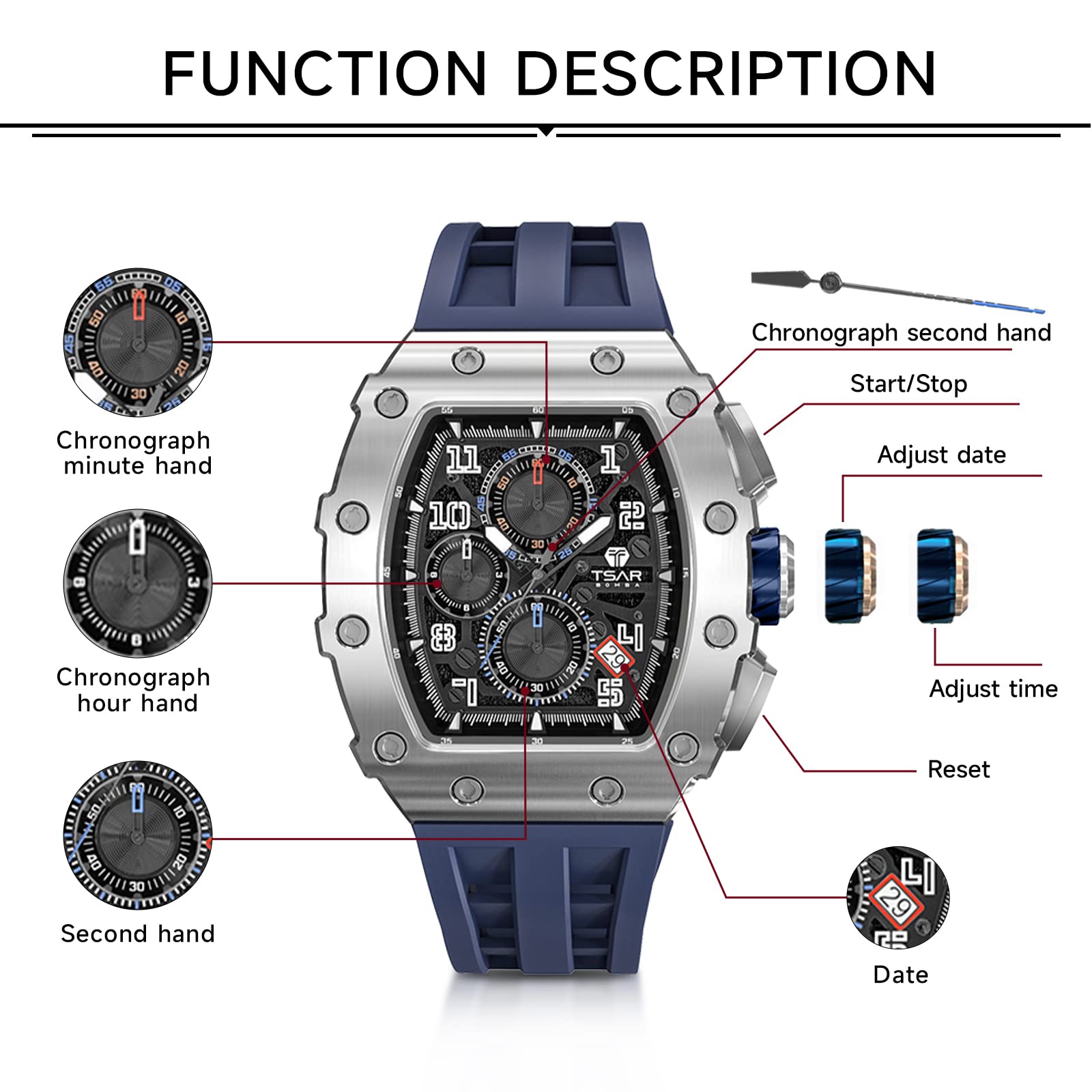 Luxury Men's Chronograph Watch - 50M Waterproof, Luminous, Date Display, Japanese Quartz Movement, Sapphire Crystal, Silicone Strap - Fashion Sport Watch for Men | Perfect for Business, Casual Wear & Outdoor Activities | Great Gift for Birthdays, Anniversaries & Special Occasions