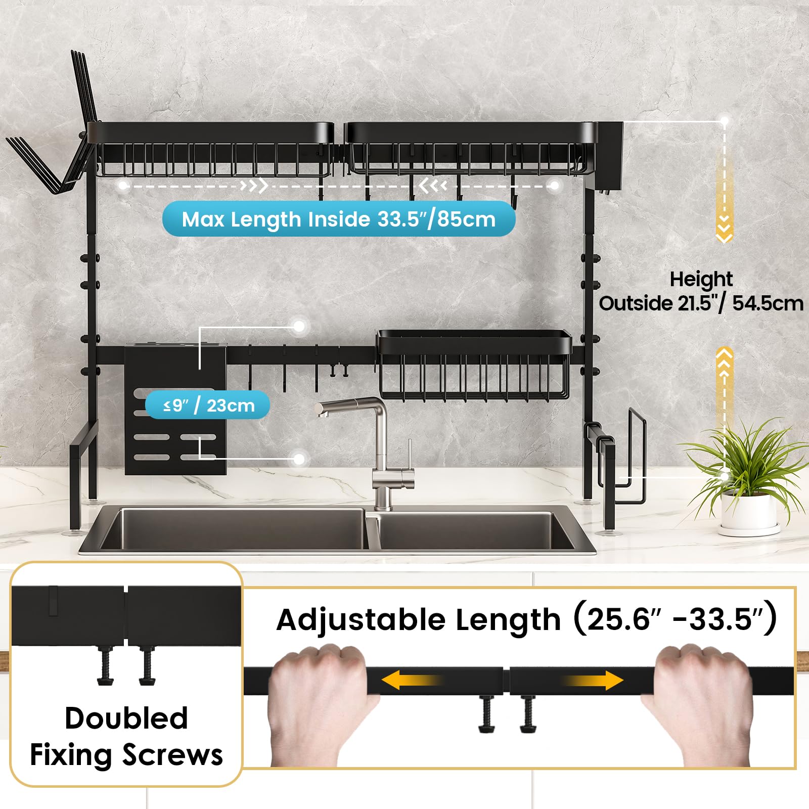 MERRYBOX 2-Tier Adjustable Stainless Steel Over The Sink Dish Drying Rack (25.6-33.5in) with Cutting Board Holder - Space Saving Kitchen Counter Organizer for Dishes, Utensils & Cookware - Perfect for Small Kitchens, Apartments & RV Use