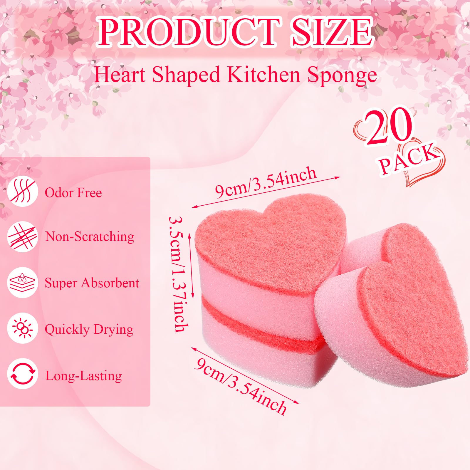 Maxcheck 20-Pack Heart-Shaped Dual-Sided Kitchen Sponges & Scrubbers - Soft & Abrasive for Washing Dishes, Pots, Pans - Valentine's Day Gift (Pink) - Perfect for Daily Kitchen Cleaning, Household Chores & Romantic Surprises